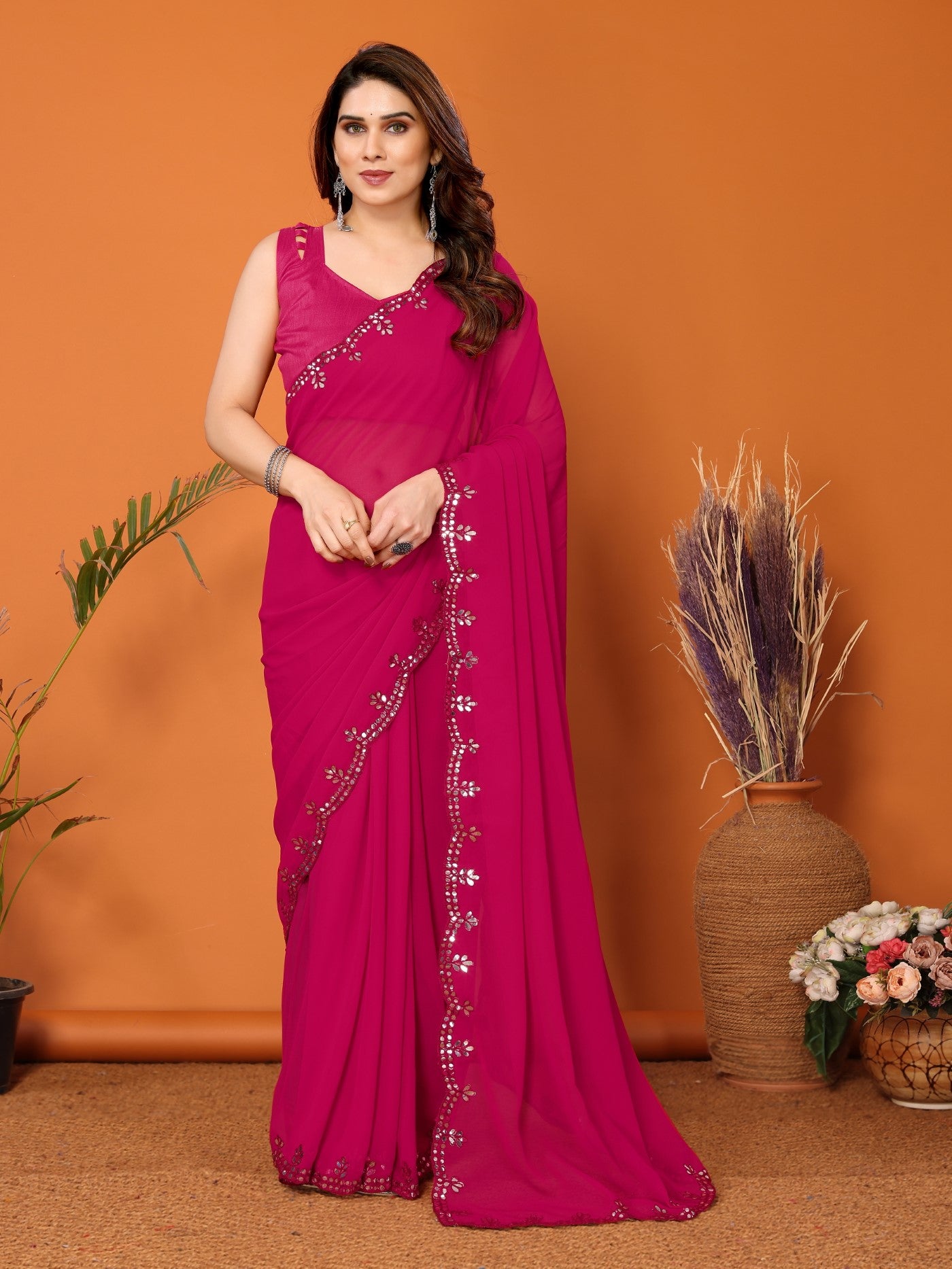 Pink Georgette Saree with Mirror Work