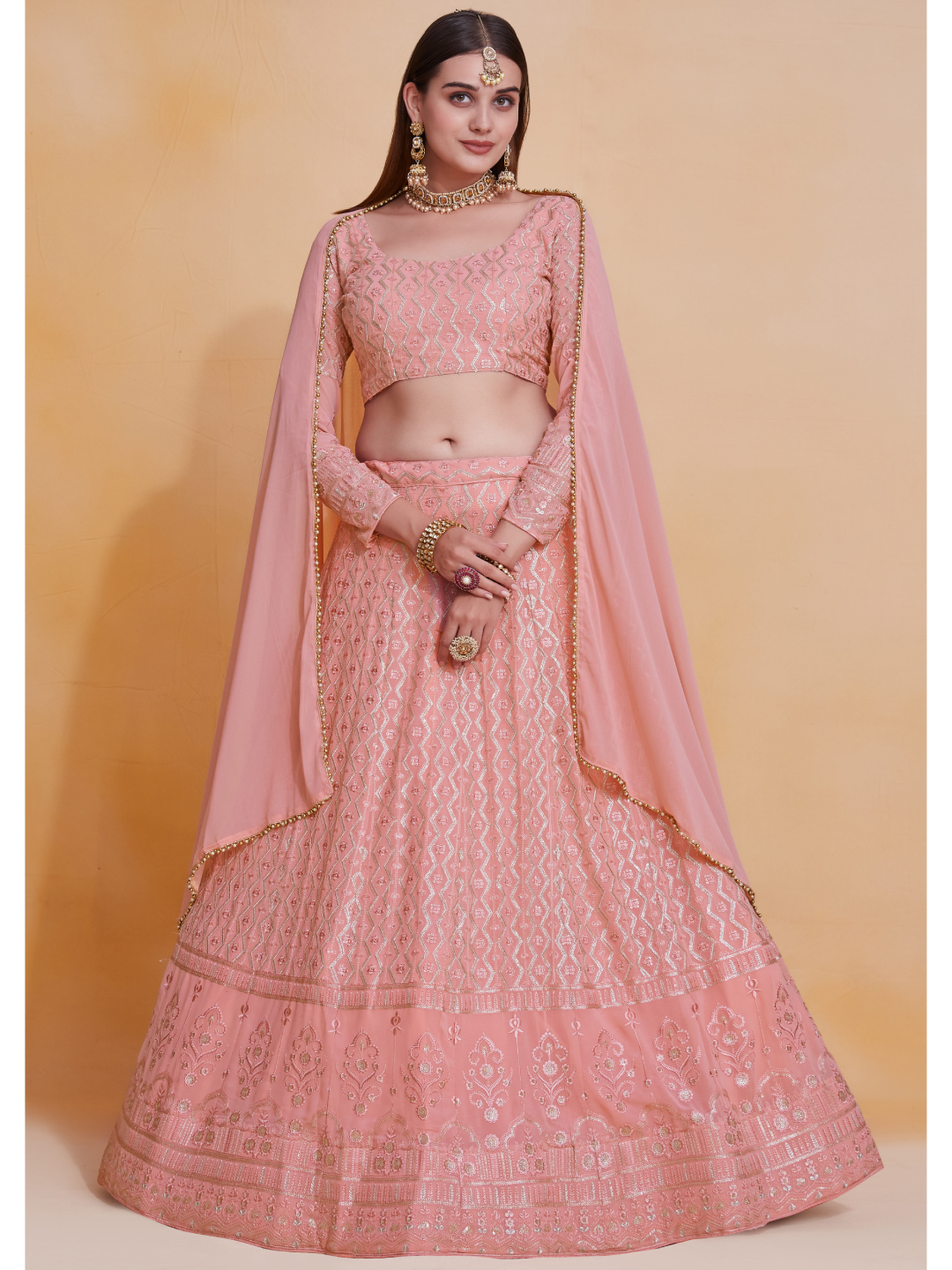 Pink Georgette Thread Sequence Embroidery Work Lehenga Choli