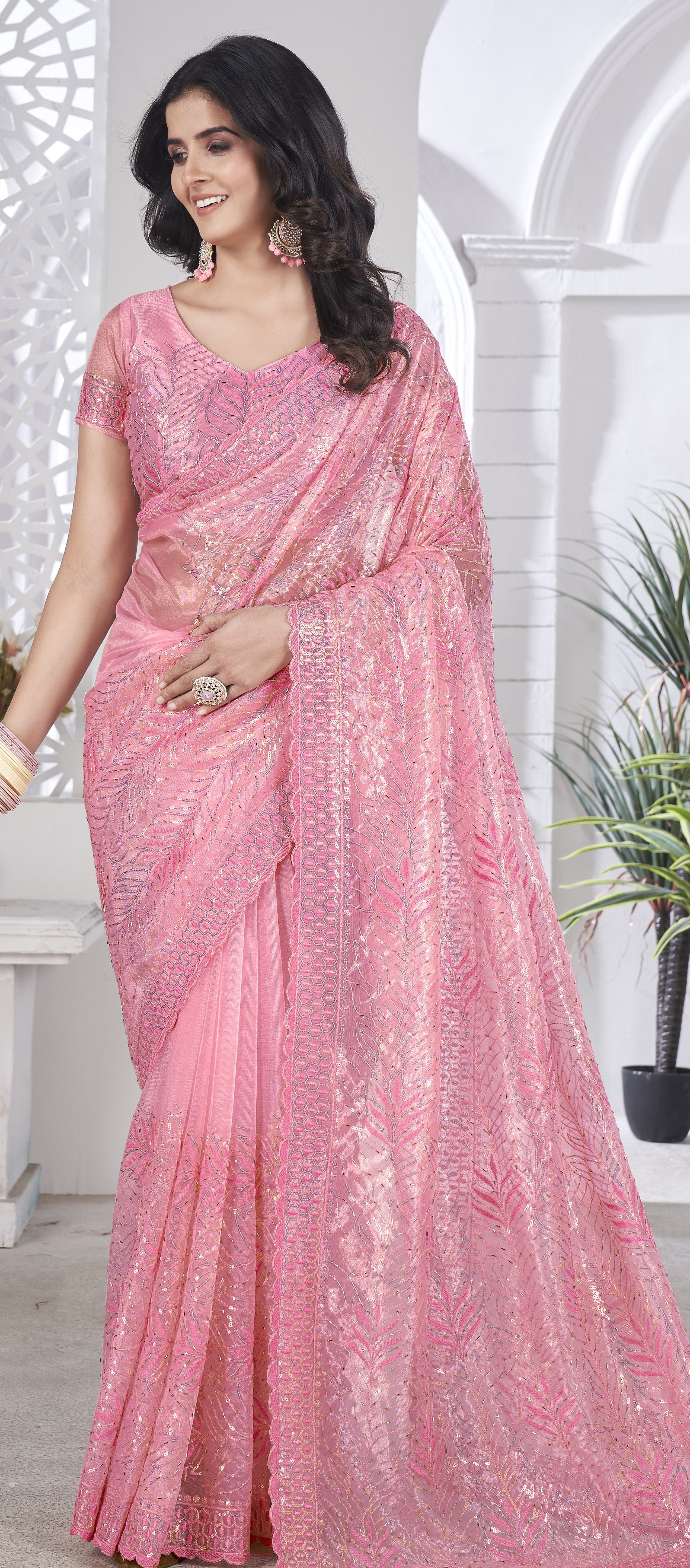 Pink Girlie Tissue Net Designer Embroidered Saree