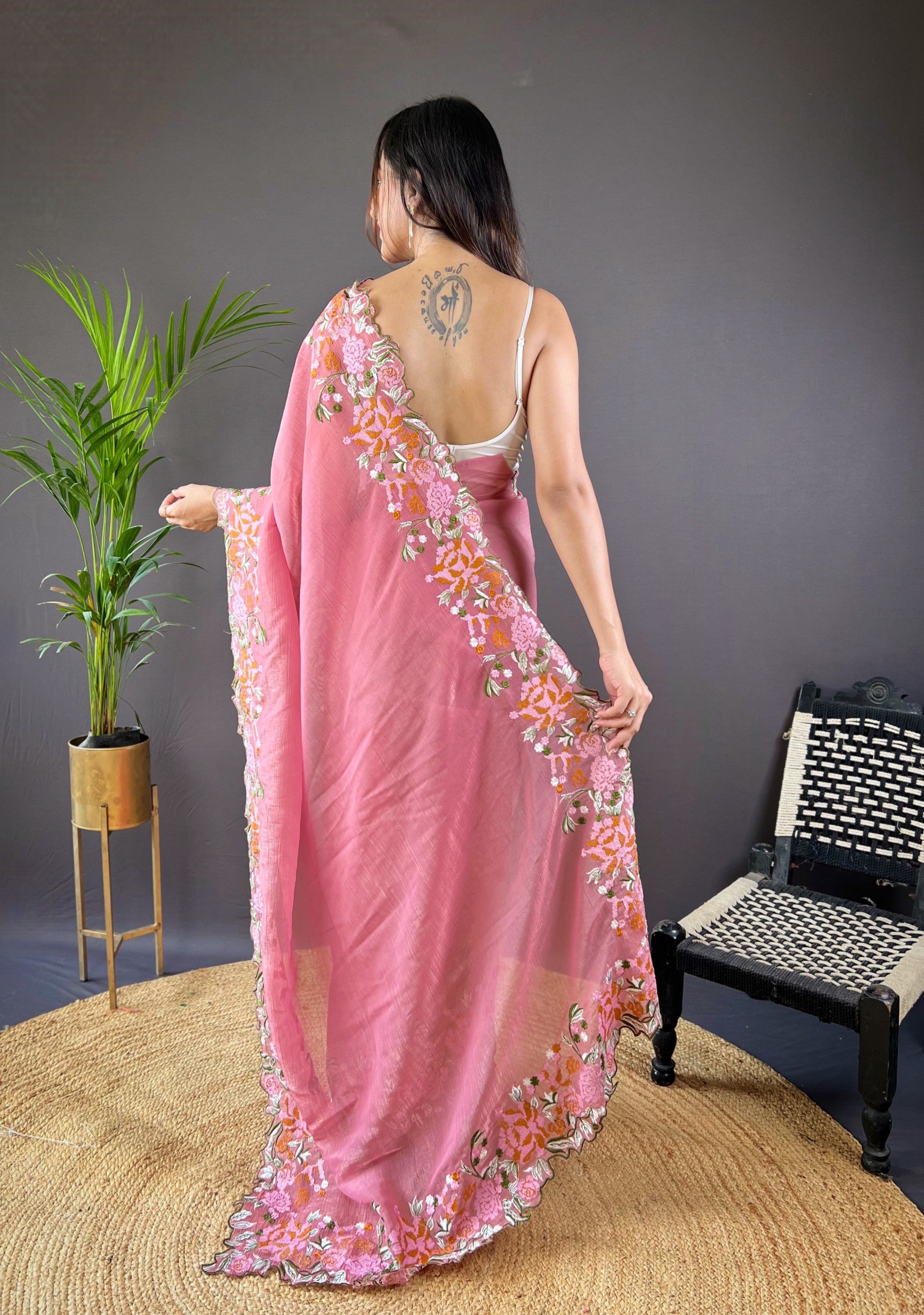 Pink Glossy Silk Cross Stich Embroidery Cut Work Adorable Partywear Girlie Saree