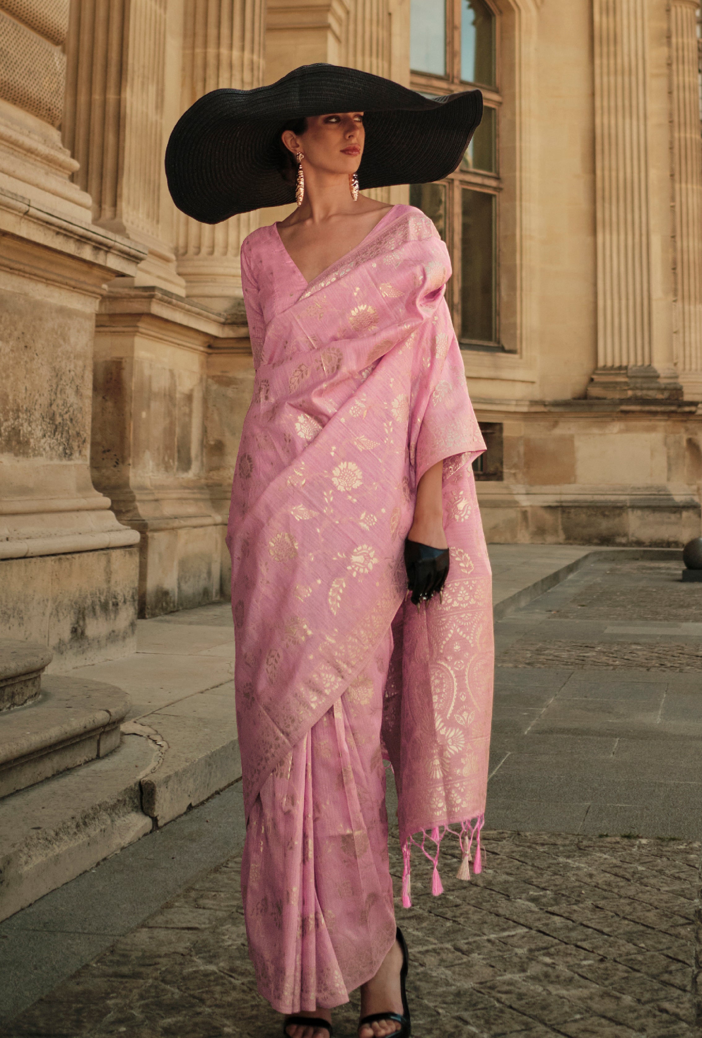 Pink Gota Zari Weaving Silk Saree With Woven Work