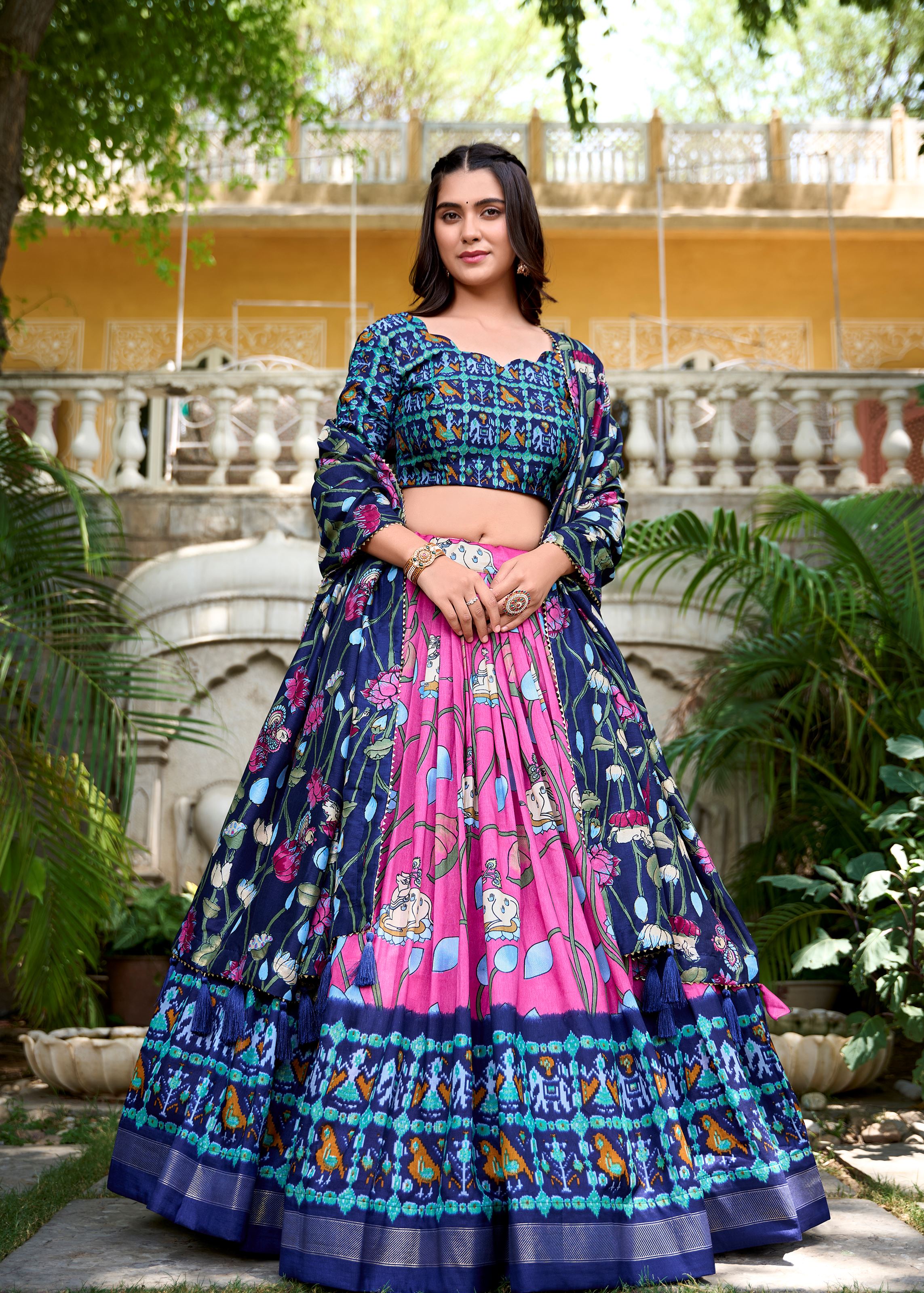 Pink Grace Tussar Silk Patola Print Lehenga