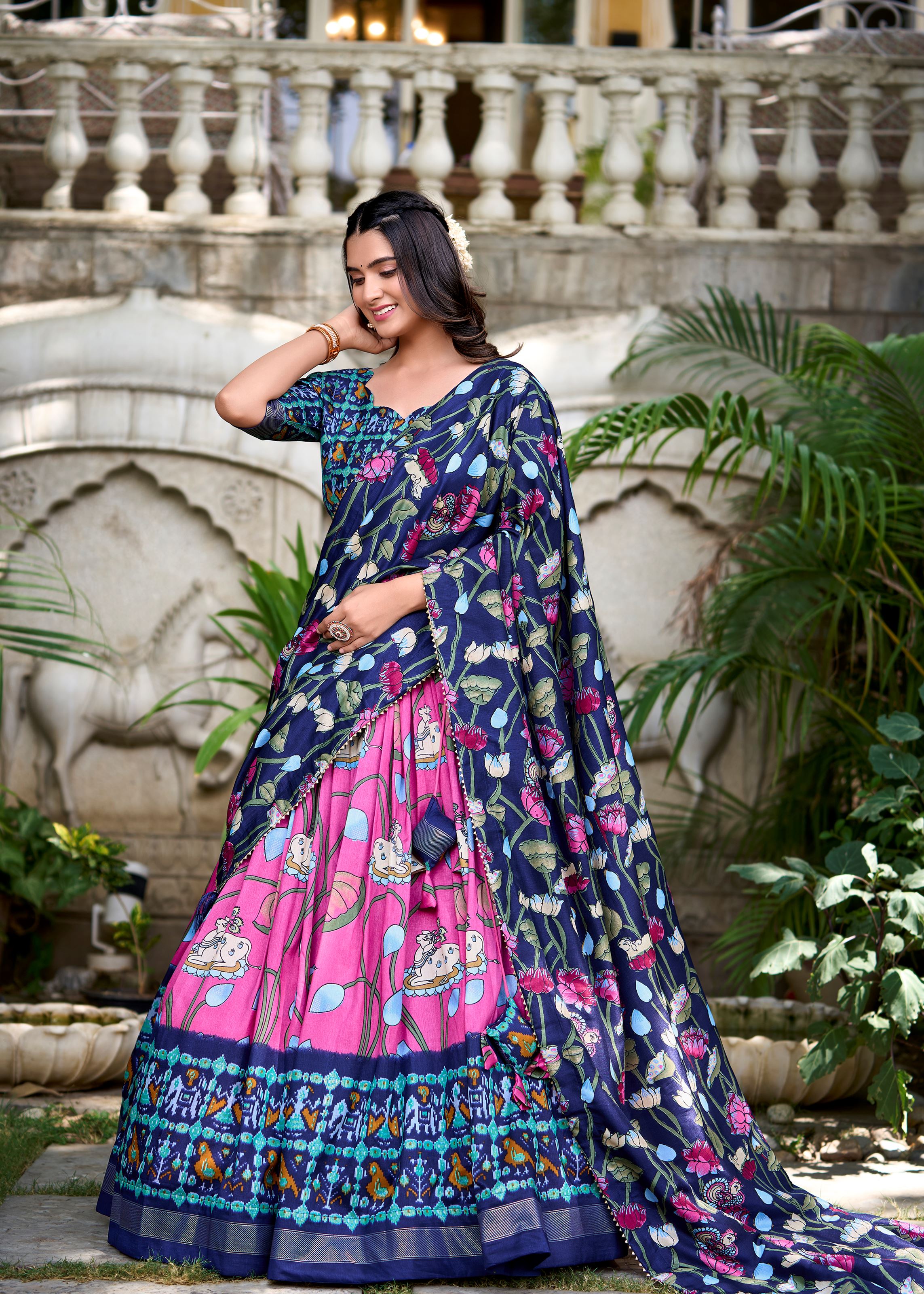 Pink Grace Tussar Silk Patola Print Lehenga