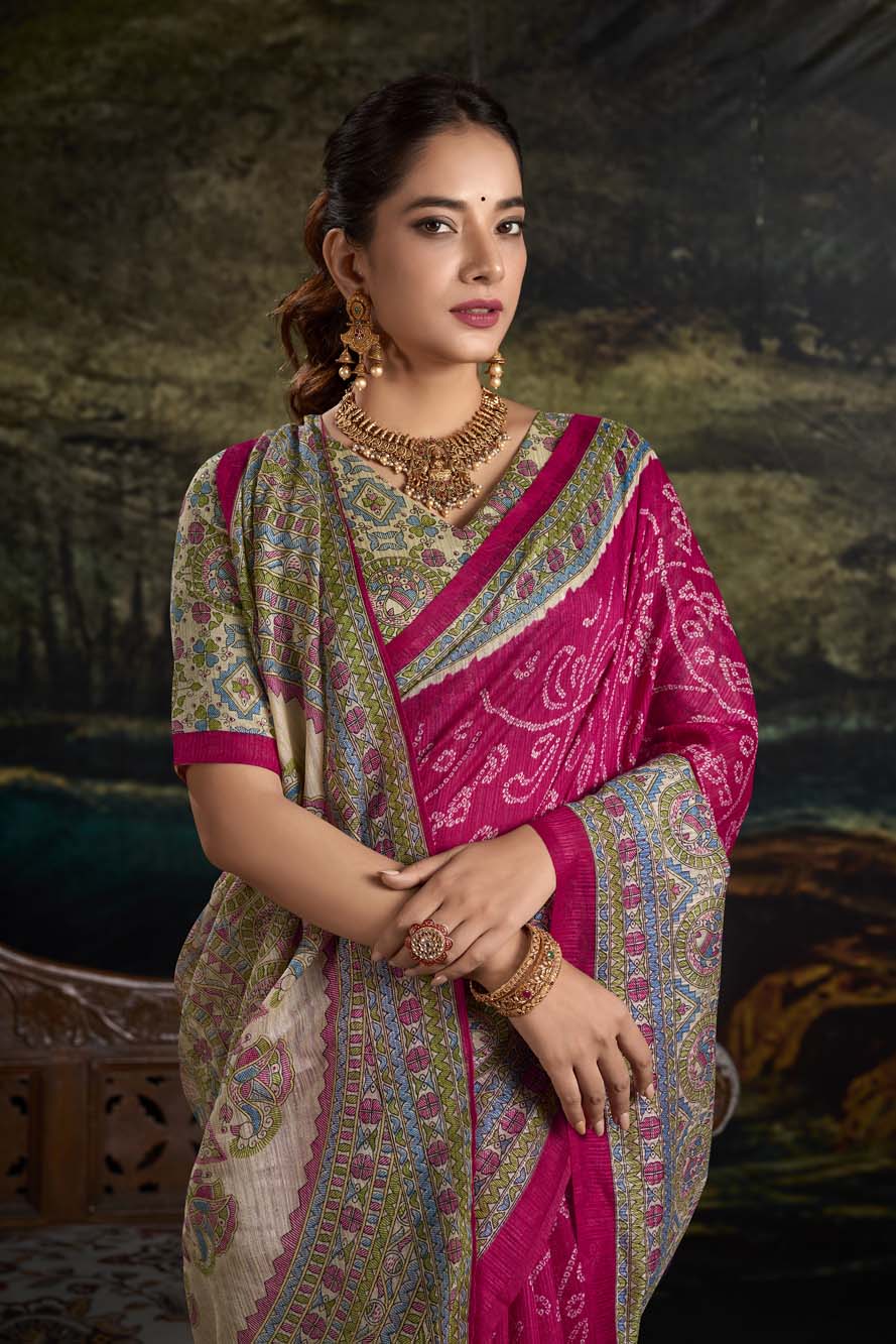Pink Green Silk Saree with Madhubani & Bandhej Magic