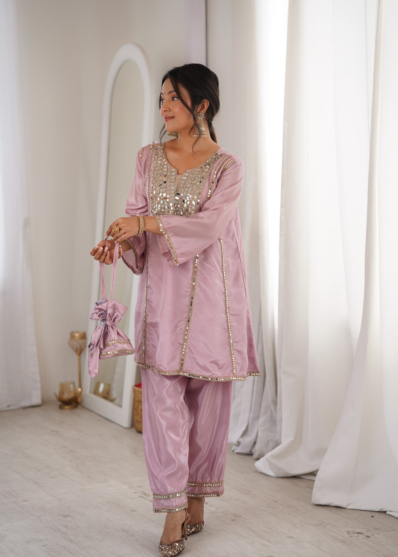 Pink H O Silk Designer Suit Set With Heavy Mirror Lace Work