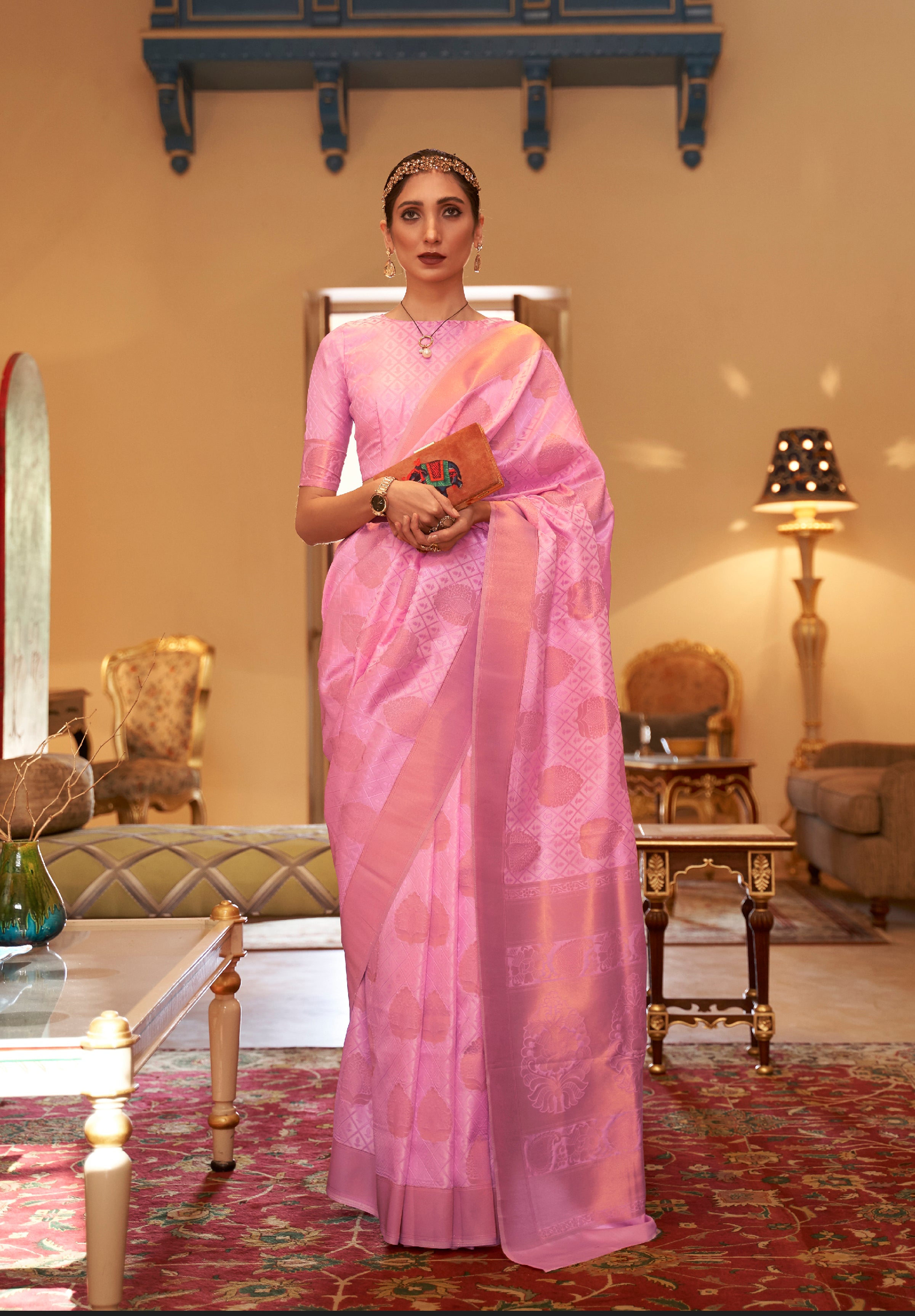 Pink Handloom Silk Saree With Copper Zari Woven Work