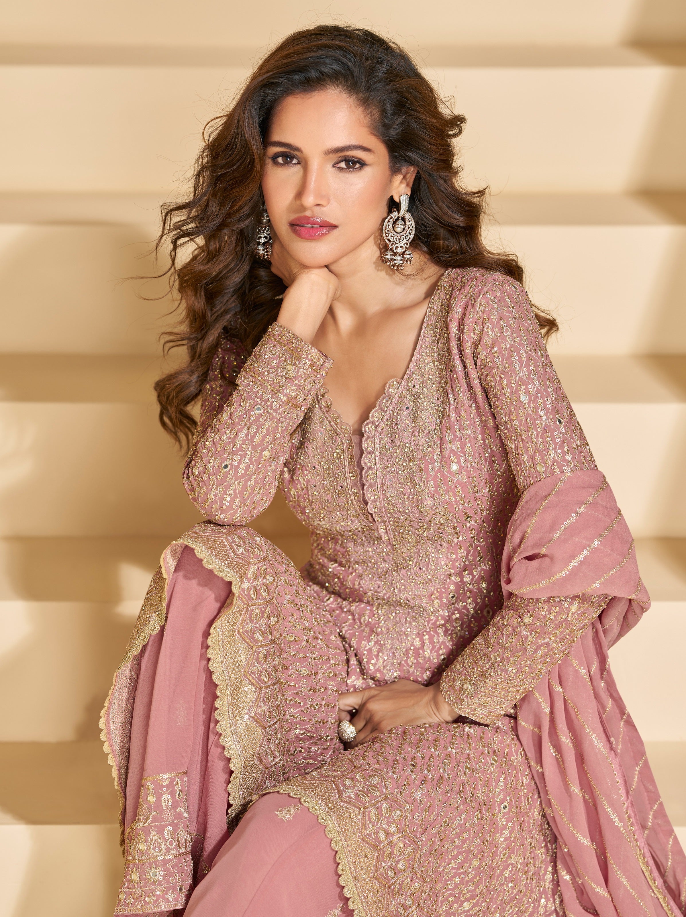Pink Heavy Designer Suit With Heavy Embroidery Work