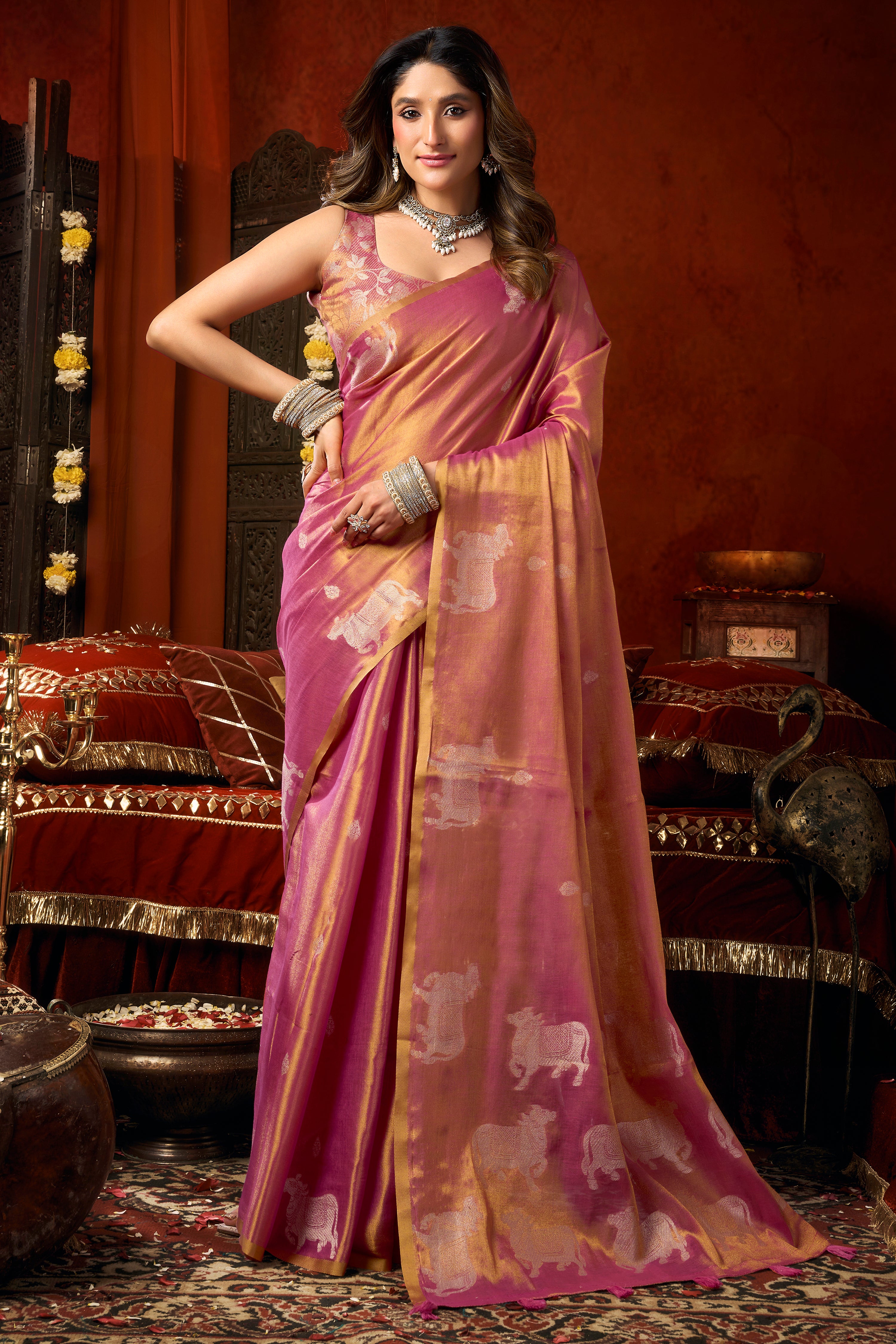 Pink Heavy Tissue Saree with Allover Butta Woven Fancy Tassels