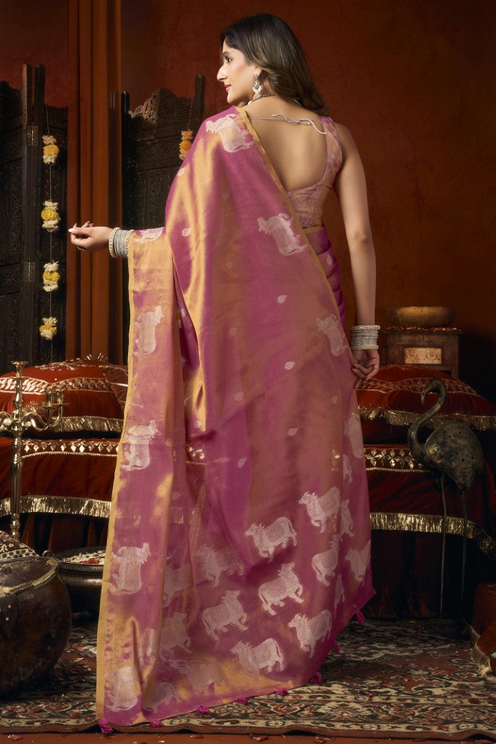 Pink Heavy Tissue Saree with Allover Butta Woven Fancy Tassels