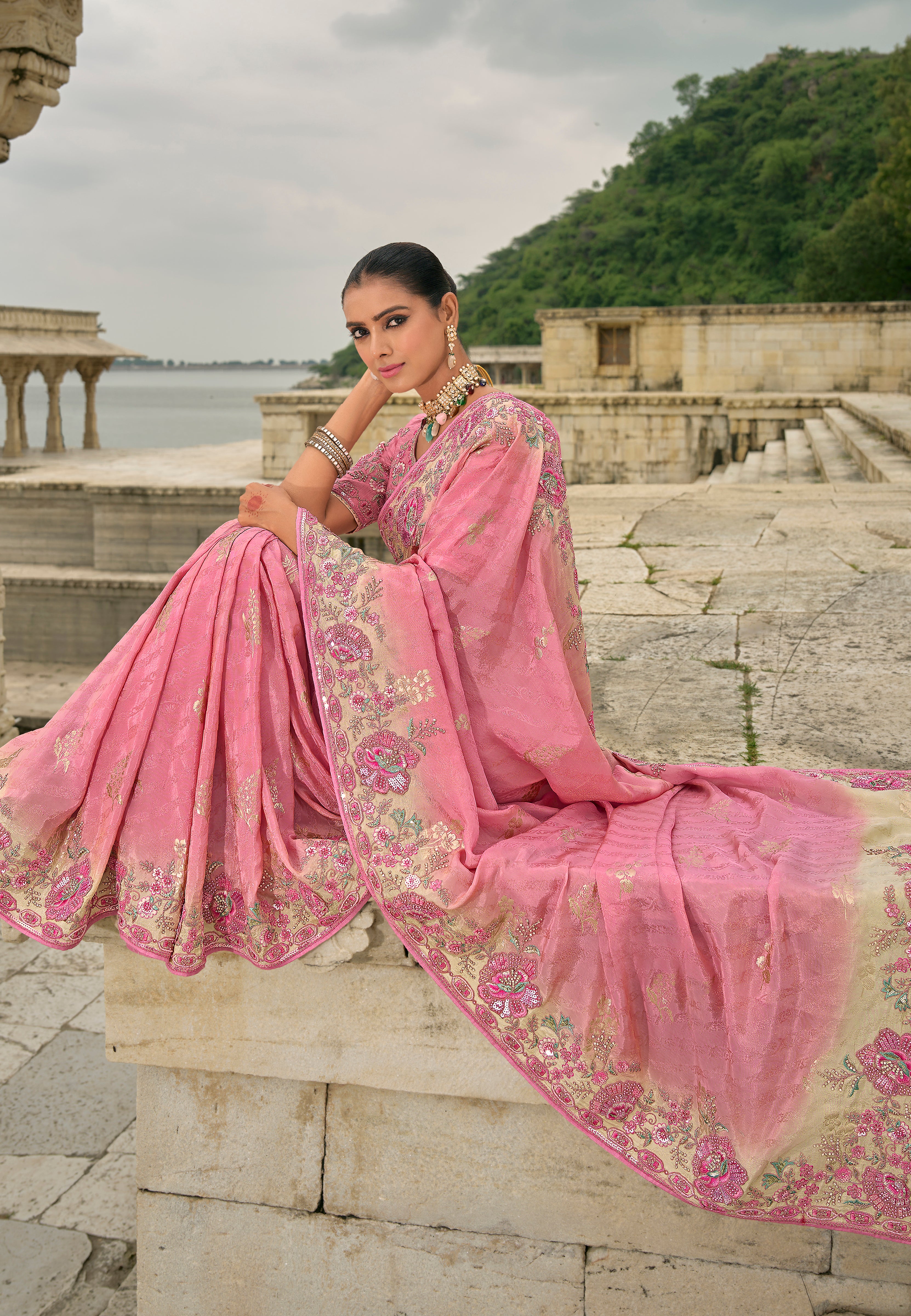 Pink Jacquard Saree With Heavy Thread Embroidery and Sequins Work