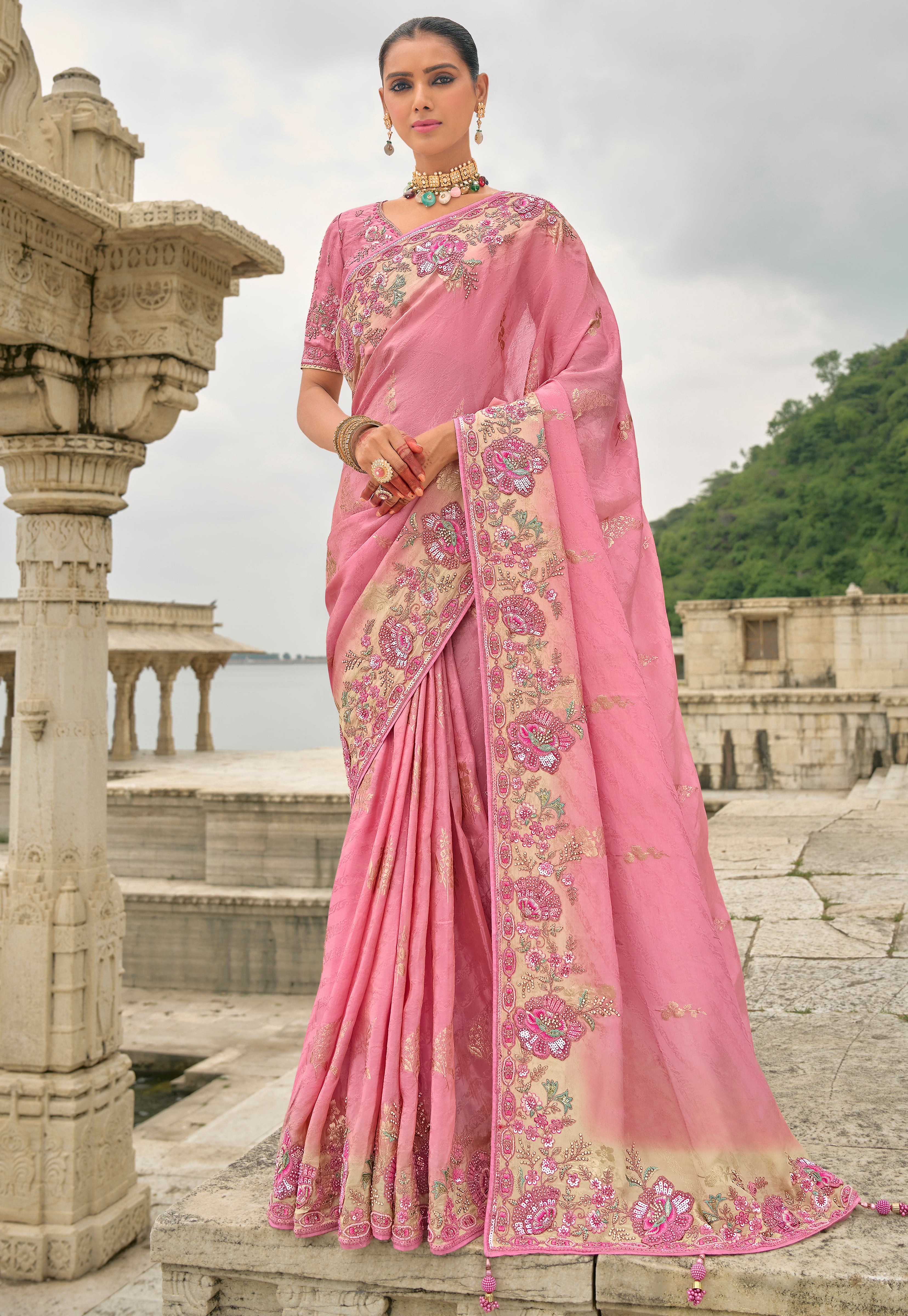 Pink Jacquard Saree With Heavy Thread Embroidery and Sequins Work