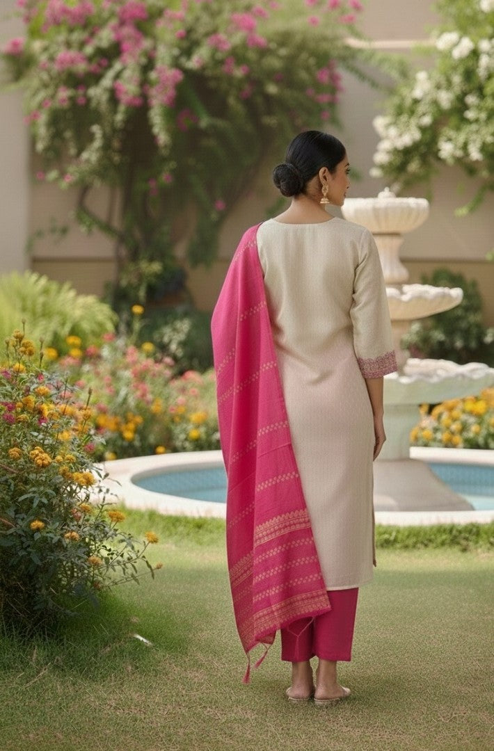 Pink Jacquard Silk Designer Suit Set With Elegant Woven Patterns