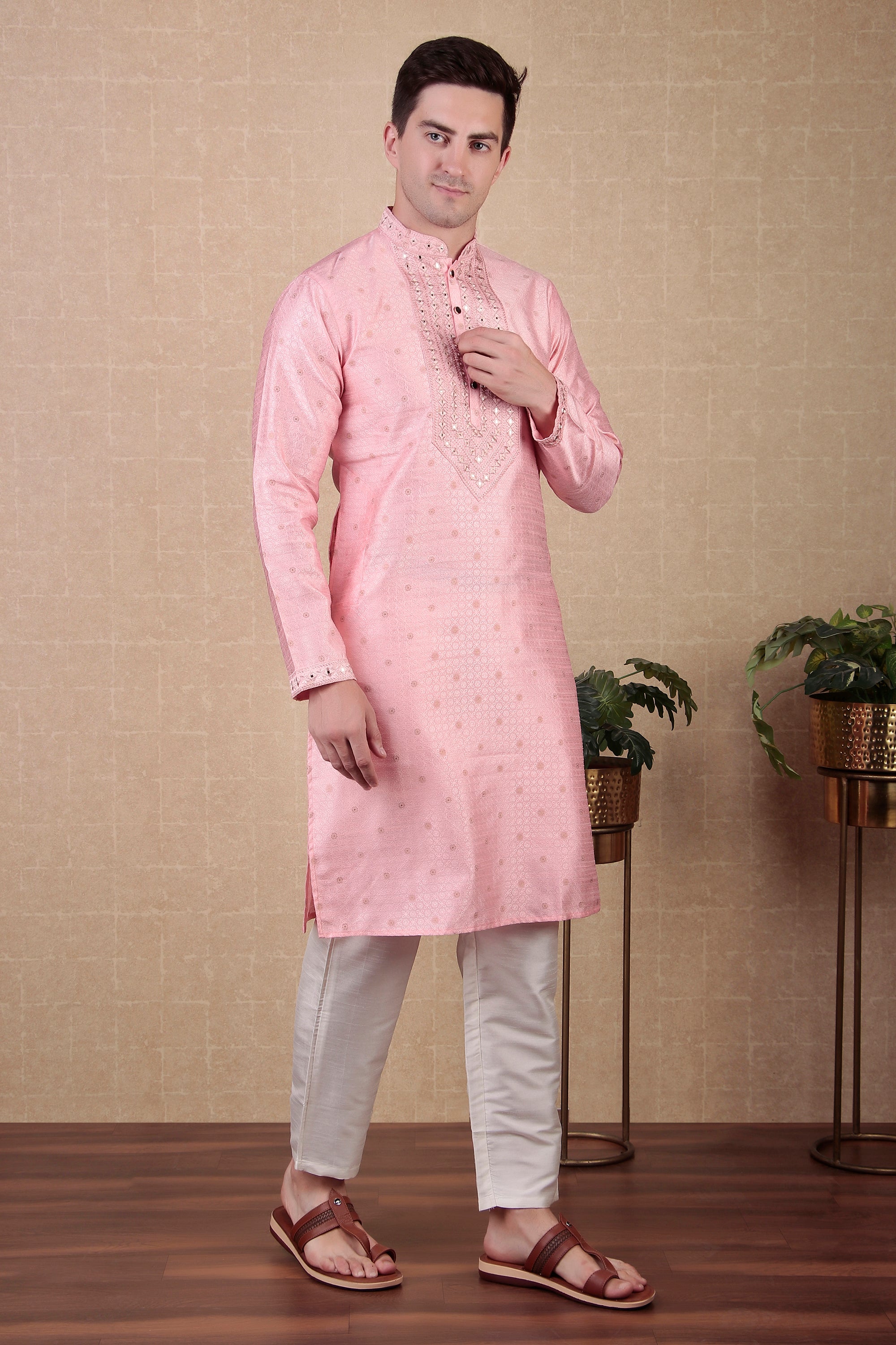 Pink Jacquard Silk Kurta Payjama – Trendy Traditional Look
