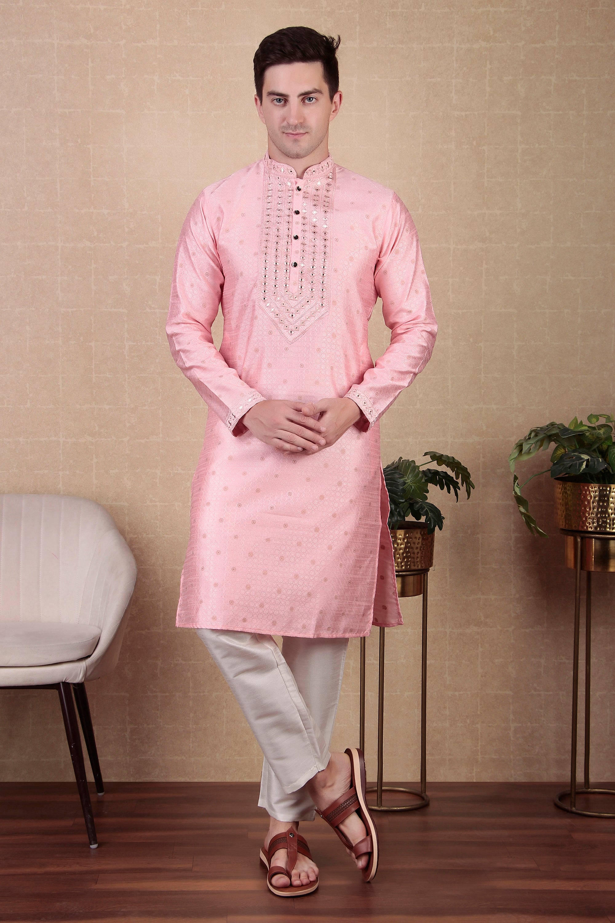 Pink Jacquard Silk Kurta Payjama – Trendy Traditional Look