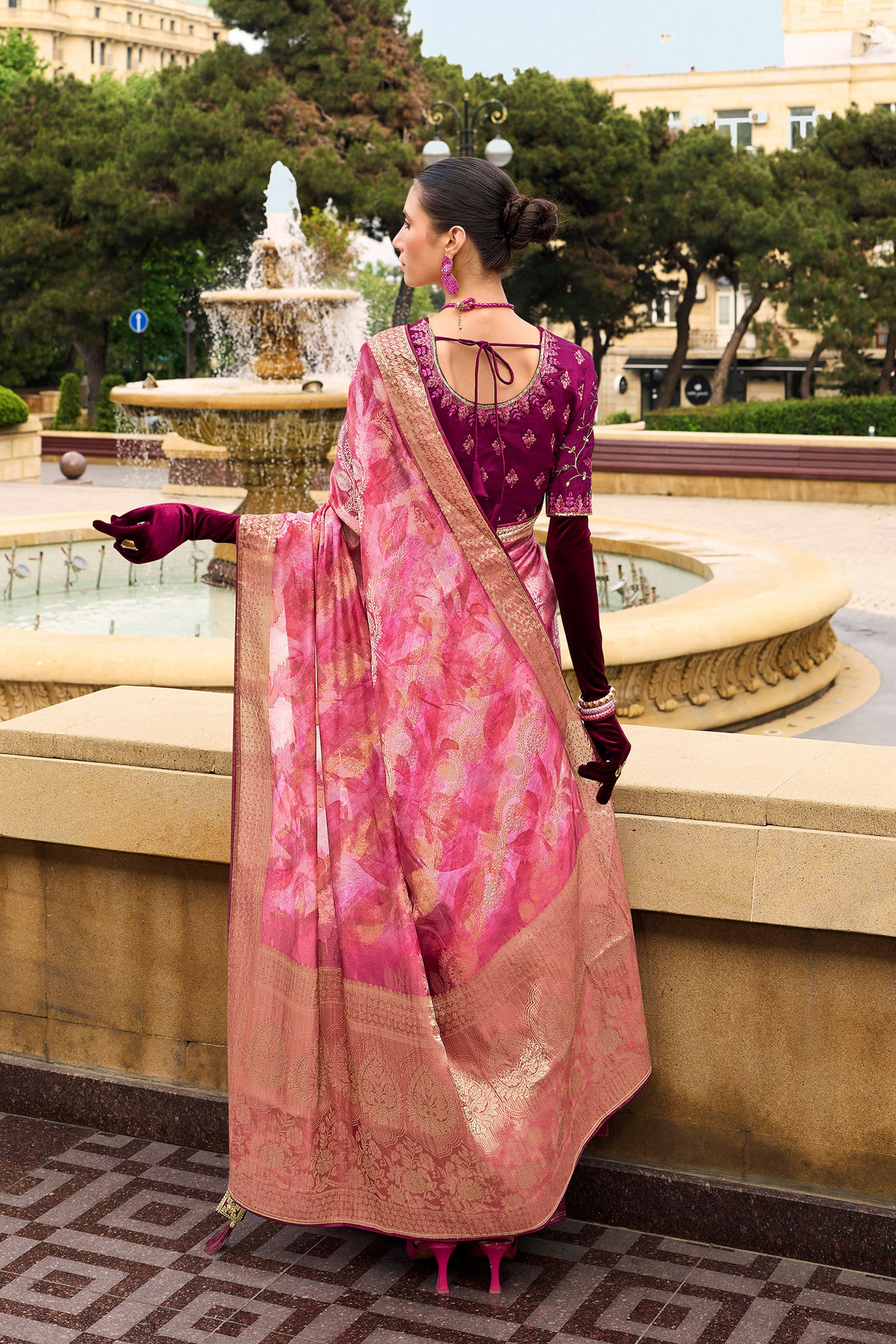 Pink Jacquard Silk Woven Saree With Embroidered Blouse