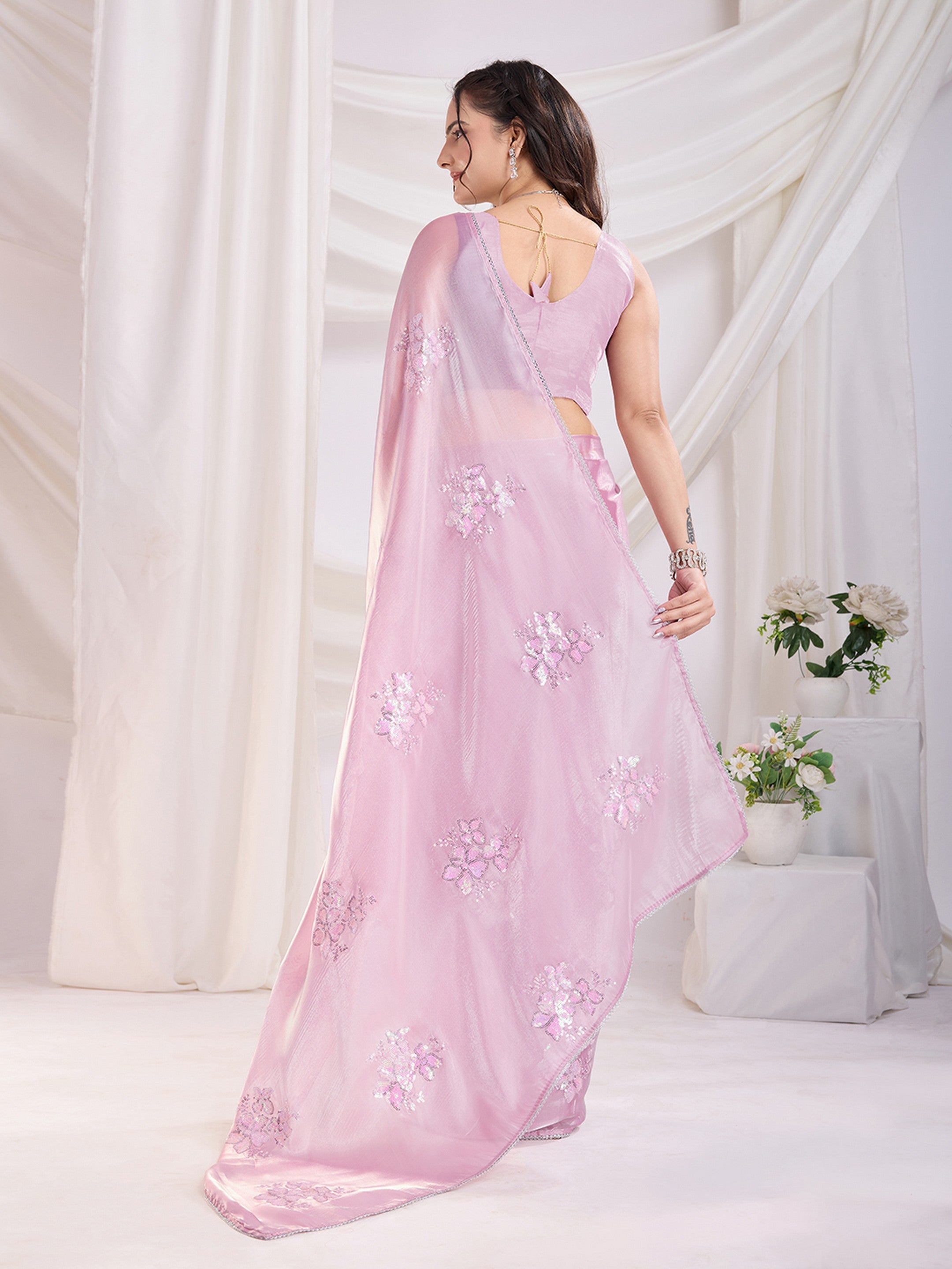 Pink Jimmi Choo Sequins Embroidery Work Ethnic Party Saree