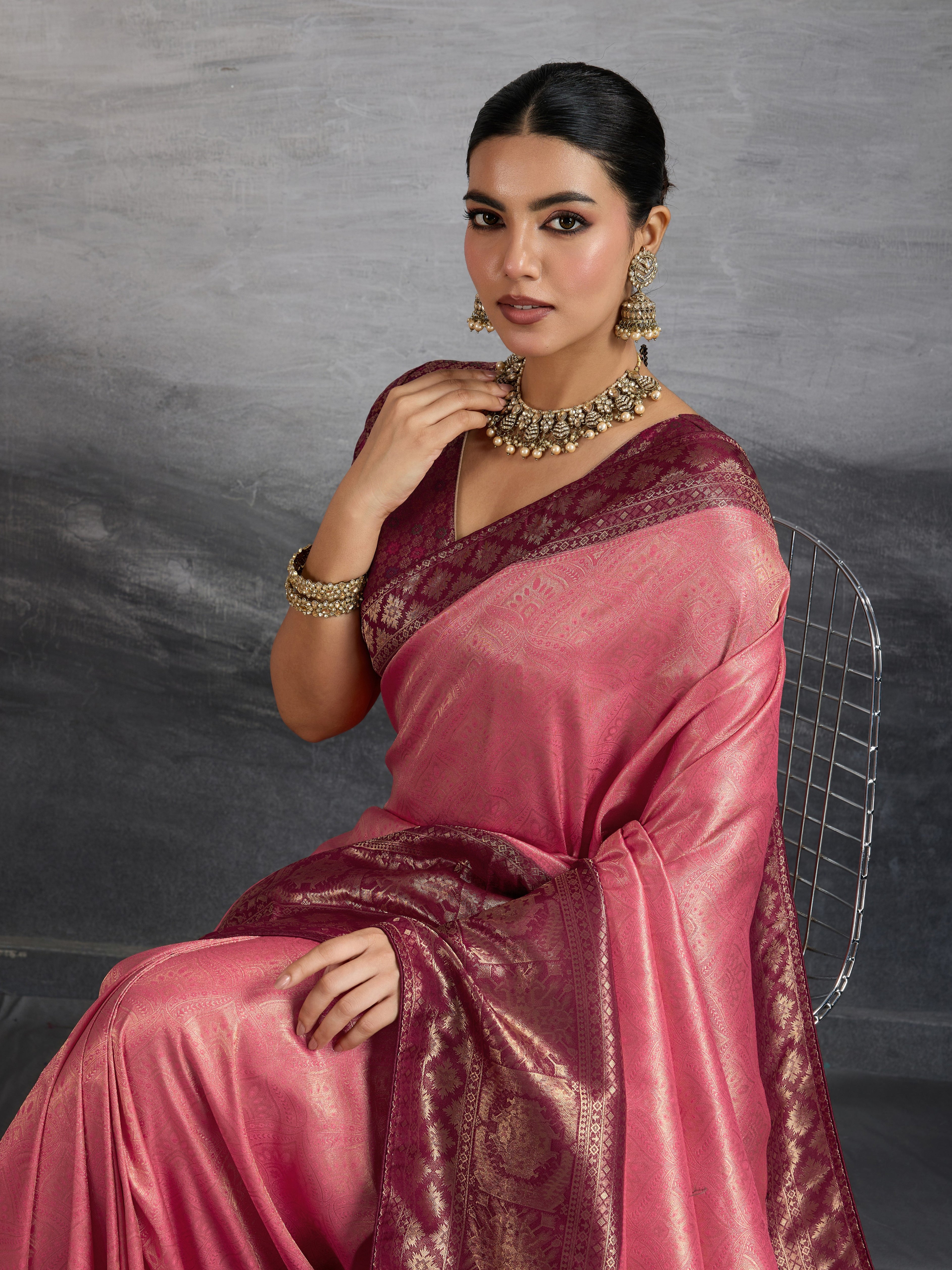 Pink Kanjivaram Soft Silk Saree with Zari Patta and Meenakari Pallu