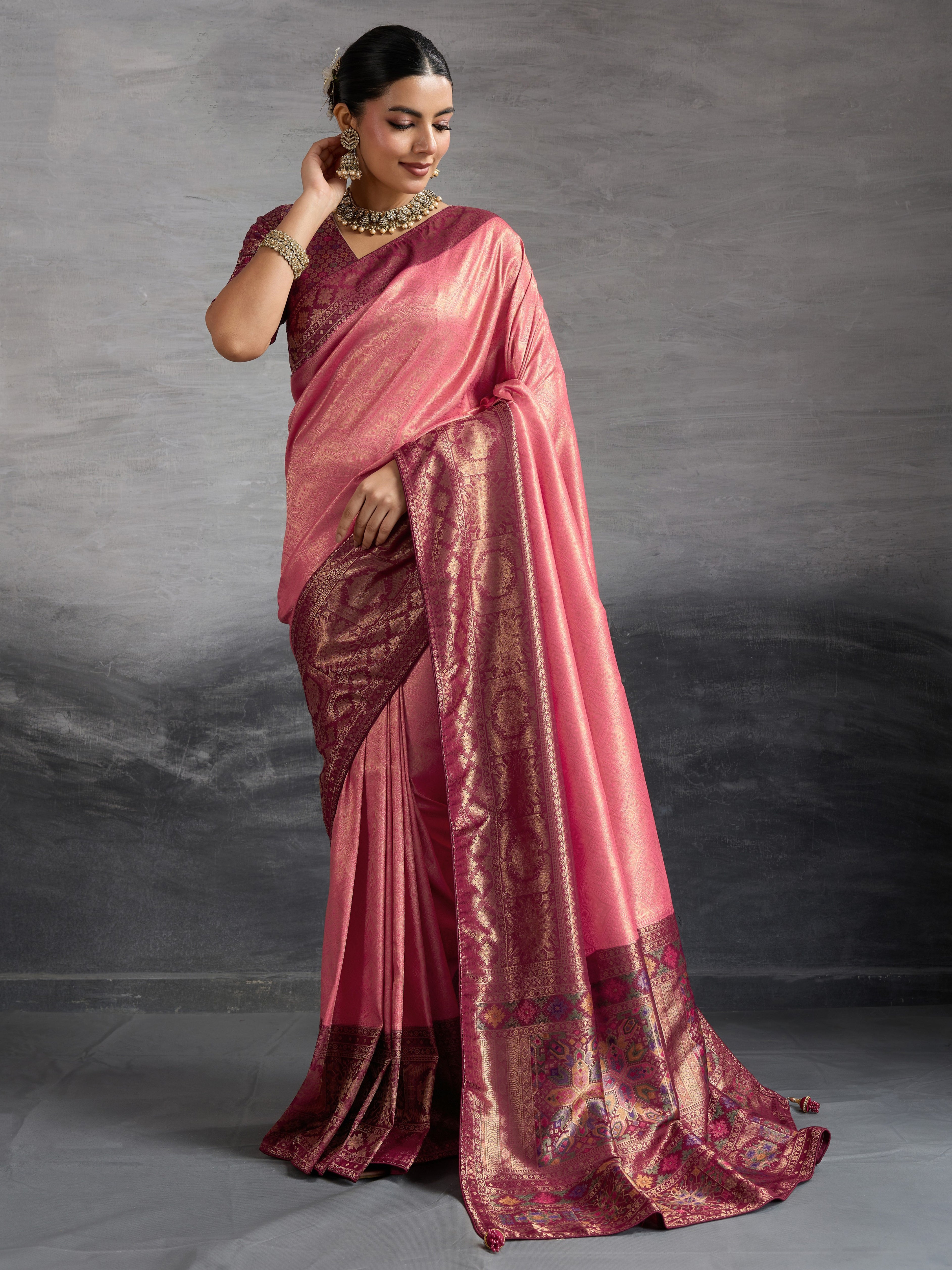 Pink Kanjivaram Soft Silk Saree with Zari Patta and Meenakari Pallu