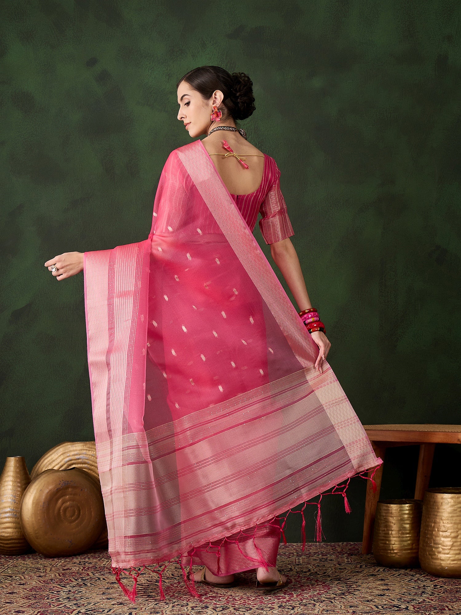 Pink Khadi Organza Ethnic Woven Designer Saree For Festive Looks