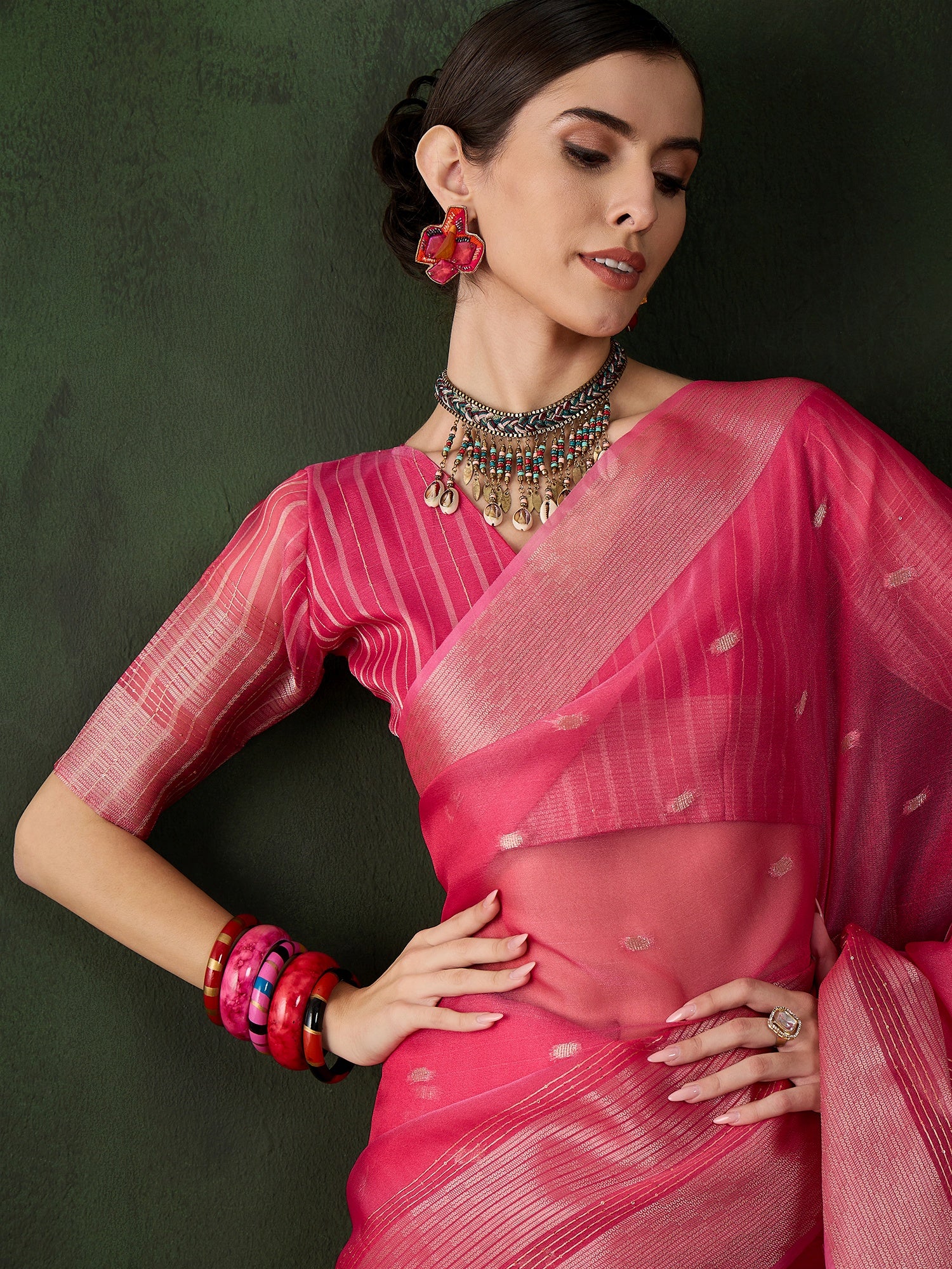 Pink Khadi Organza Ethnic Woven Designer Saree For Festive Looks