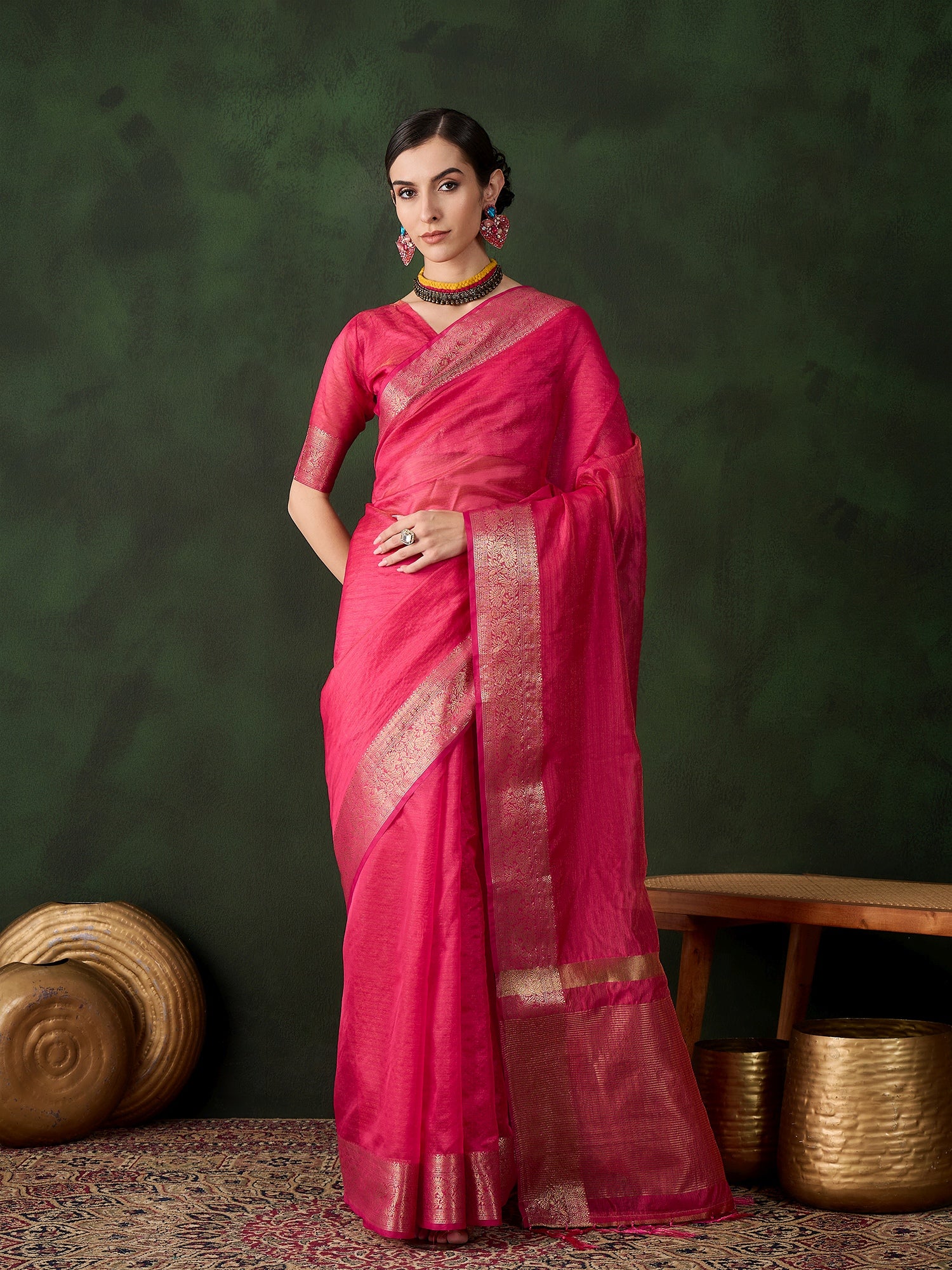 Pink Khadi Organza Woven Jacquard Designer Traditional Festive Wear Saree