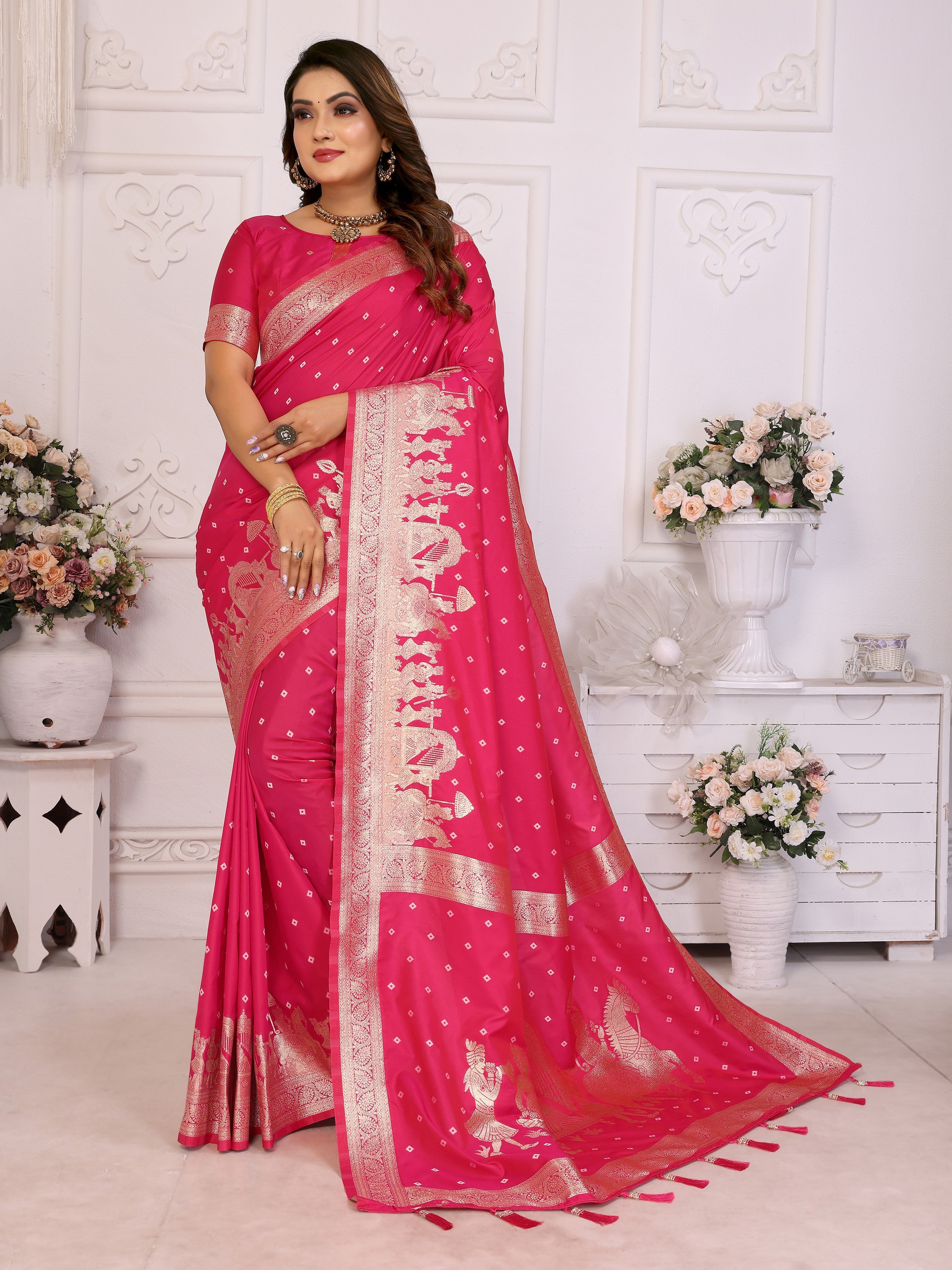 Pink Kochi Silk Ethnic Woven Jari Bandhej Designer Festive Saree