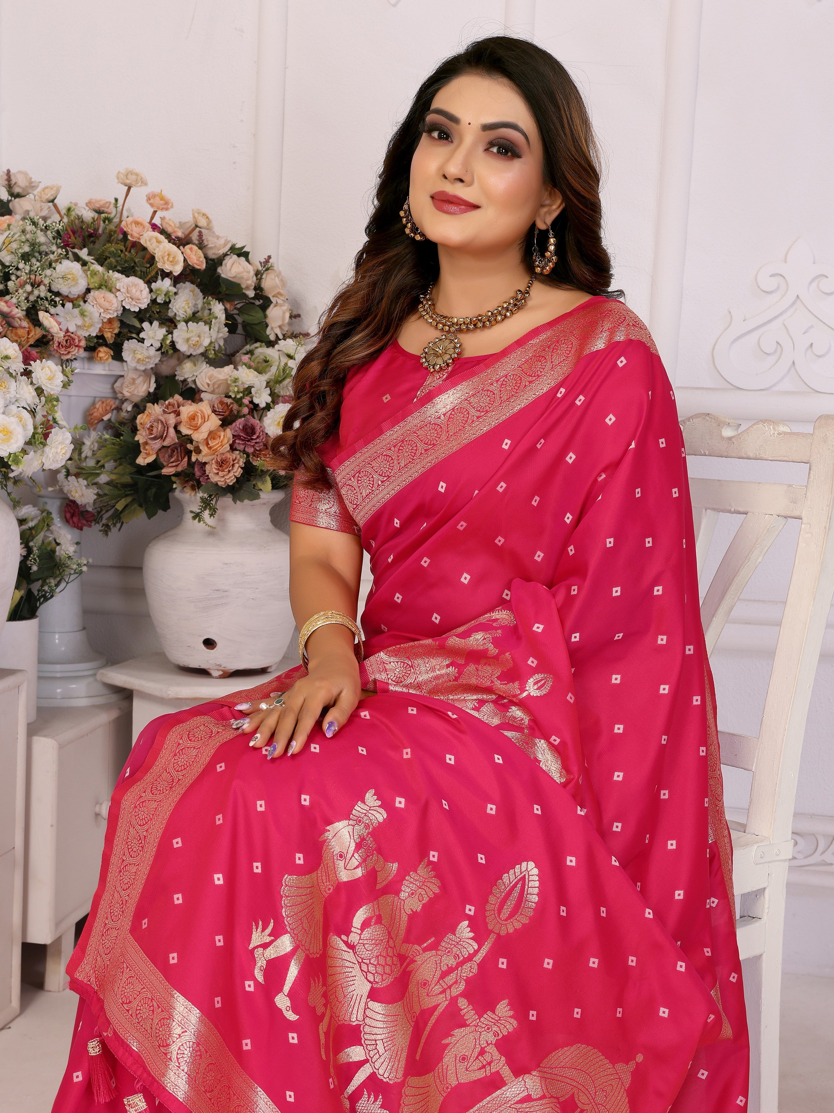 Pink Kochi Silk Ethnic Woven Jari Bandhej Designer Festive Saree