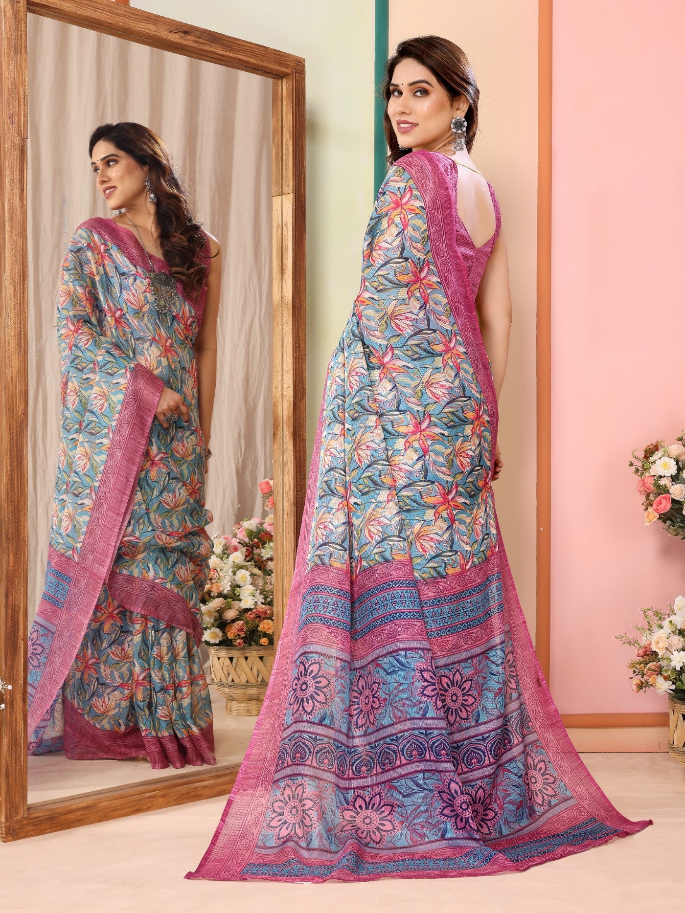 Pink Kota Doriya Saree with Print