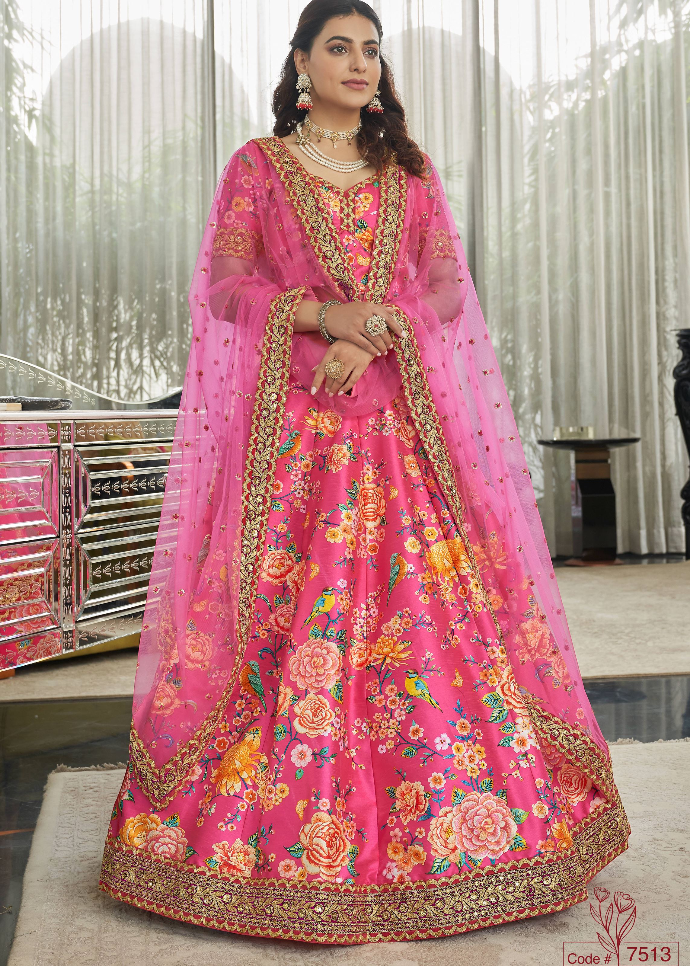 Pink Lehenga Choli With Digital Print With Dori, Sequins And Stone Work