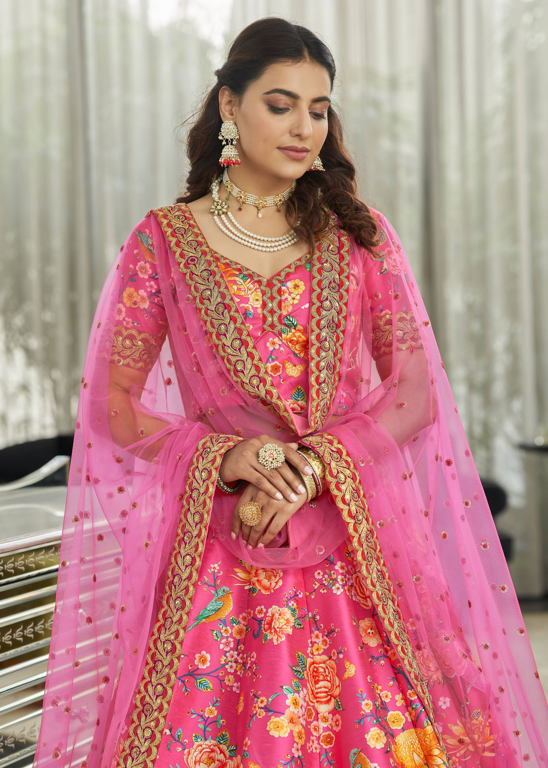Pink Lehenga Choli With Digital Print With Dori, Sequins And Stone Work