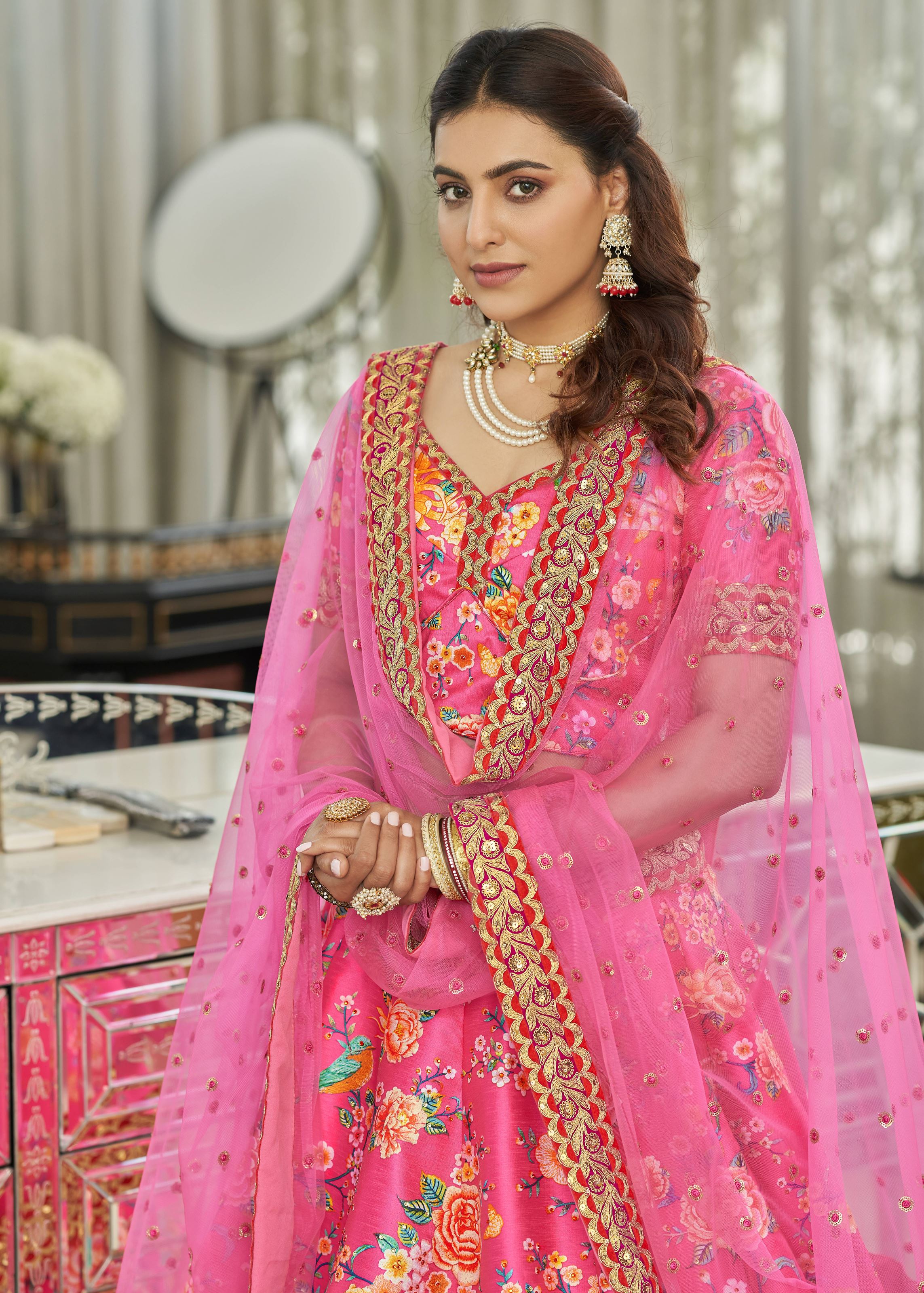 Pink Lehenga Choli With Digital Print With Dori, Sequins And Stone Work