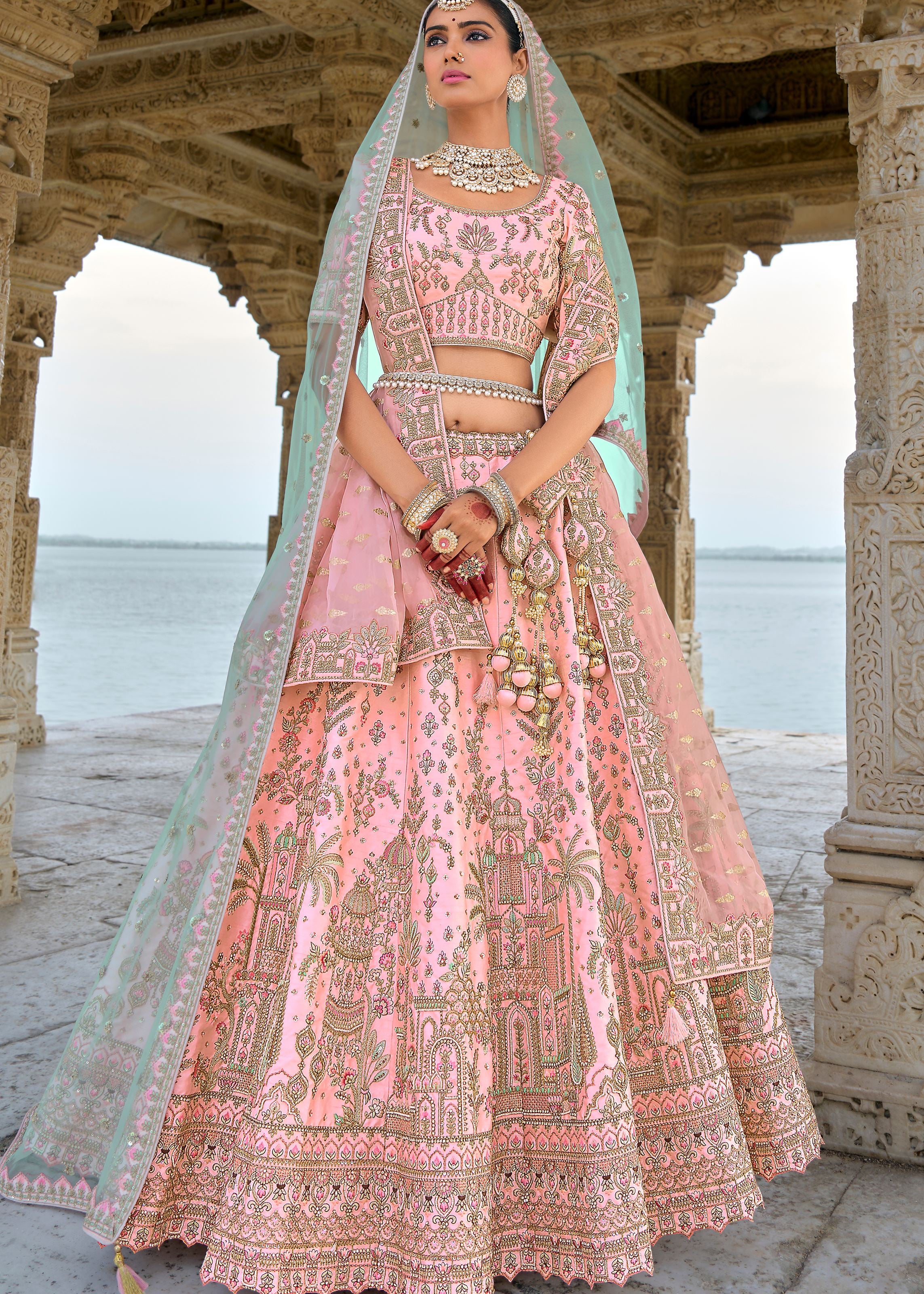 Pink Lehenga Choli With Heavy Thread Embroidery, Zari With Sequins Work
