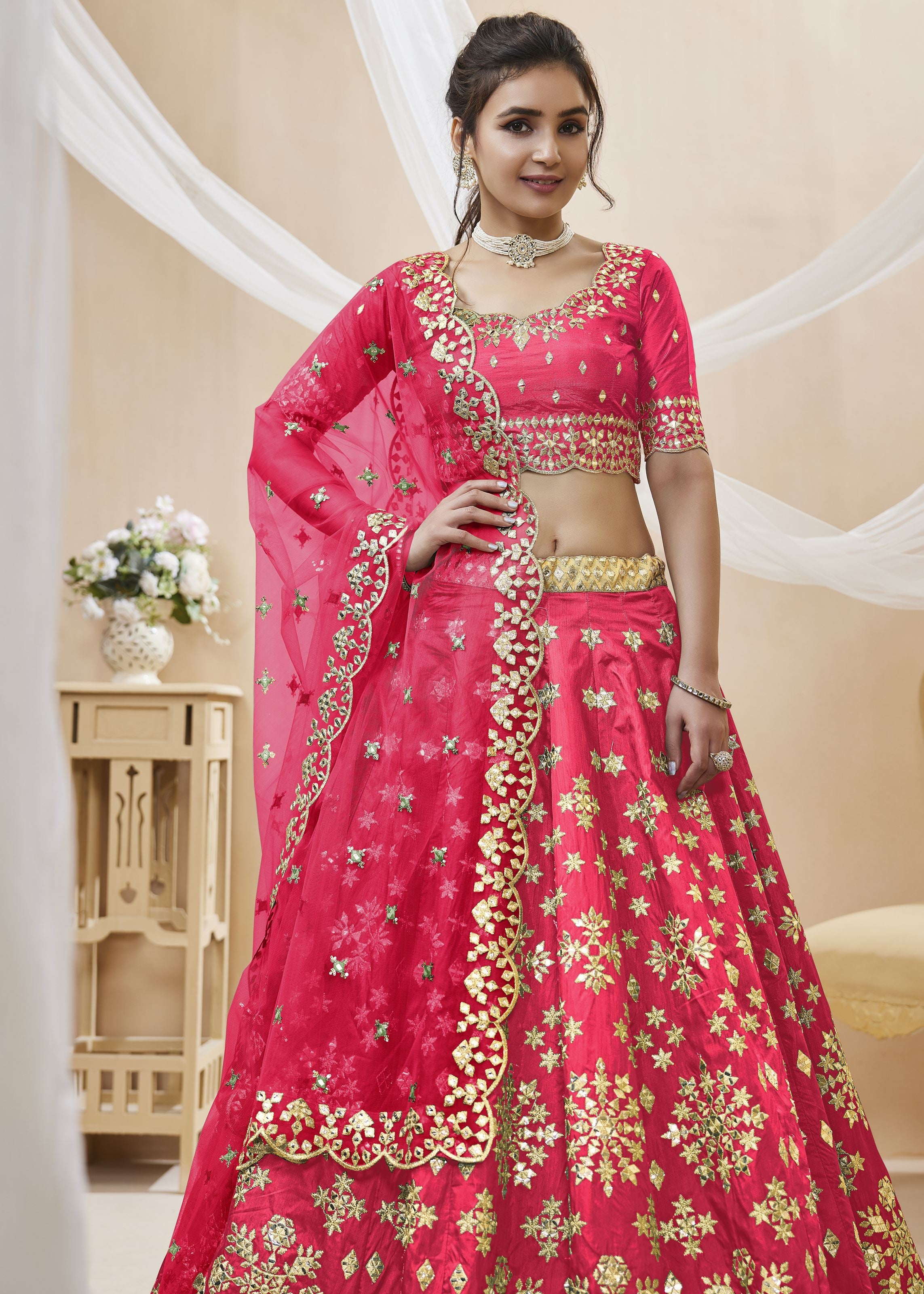 Pink Lehenga Choli With Sequins, Foil & Zari Embroidered Work