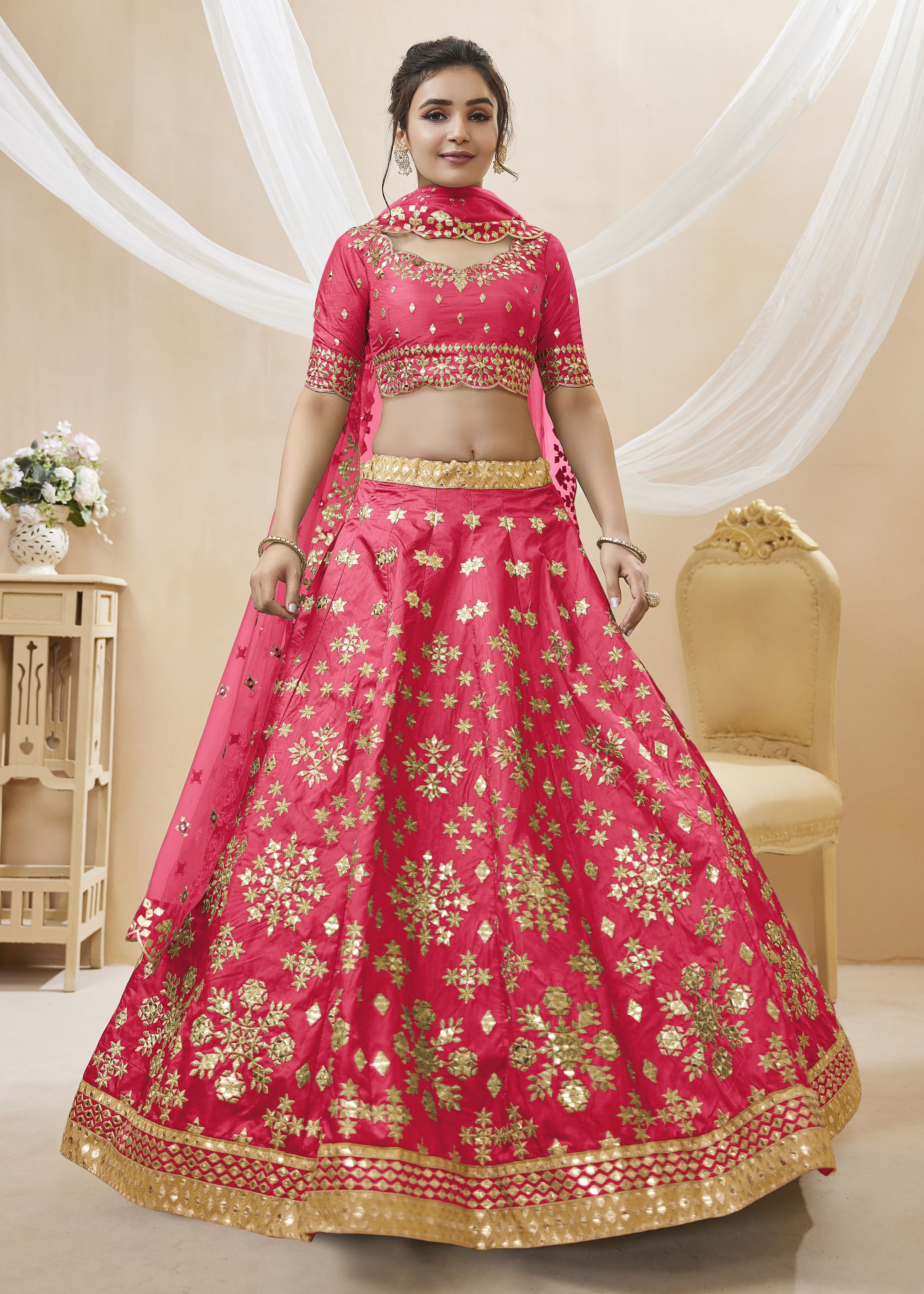 Pink Lehenga Choli With Sequins, Foil & Zari Embroidered Work
