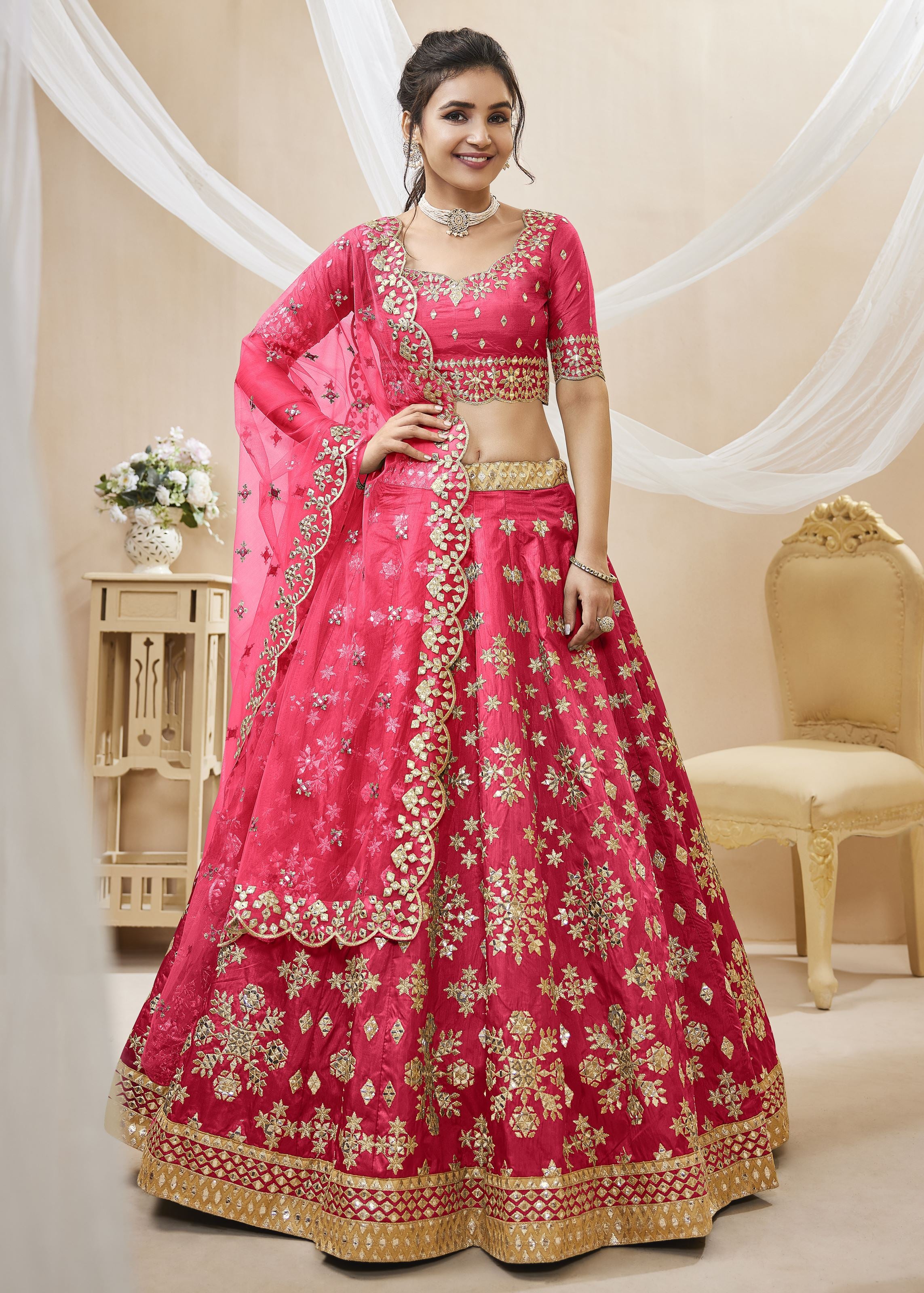 Pink Lehenga Choli With Sequins, Foil & Zari Embroidered Work