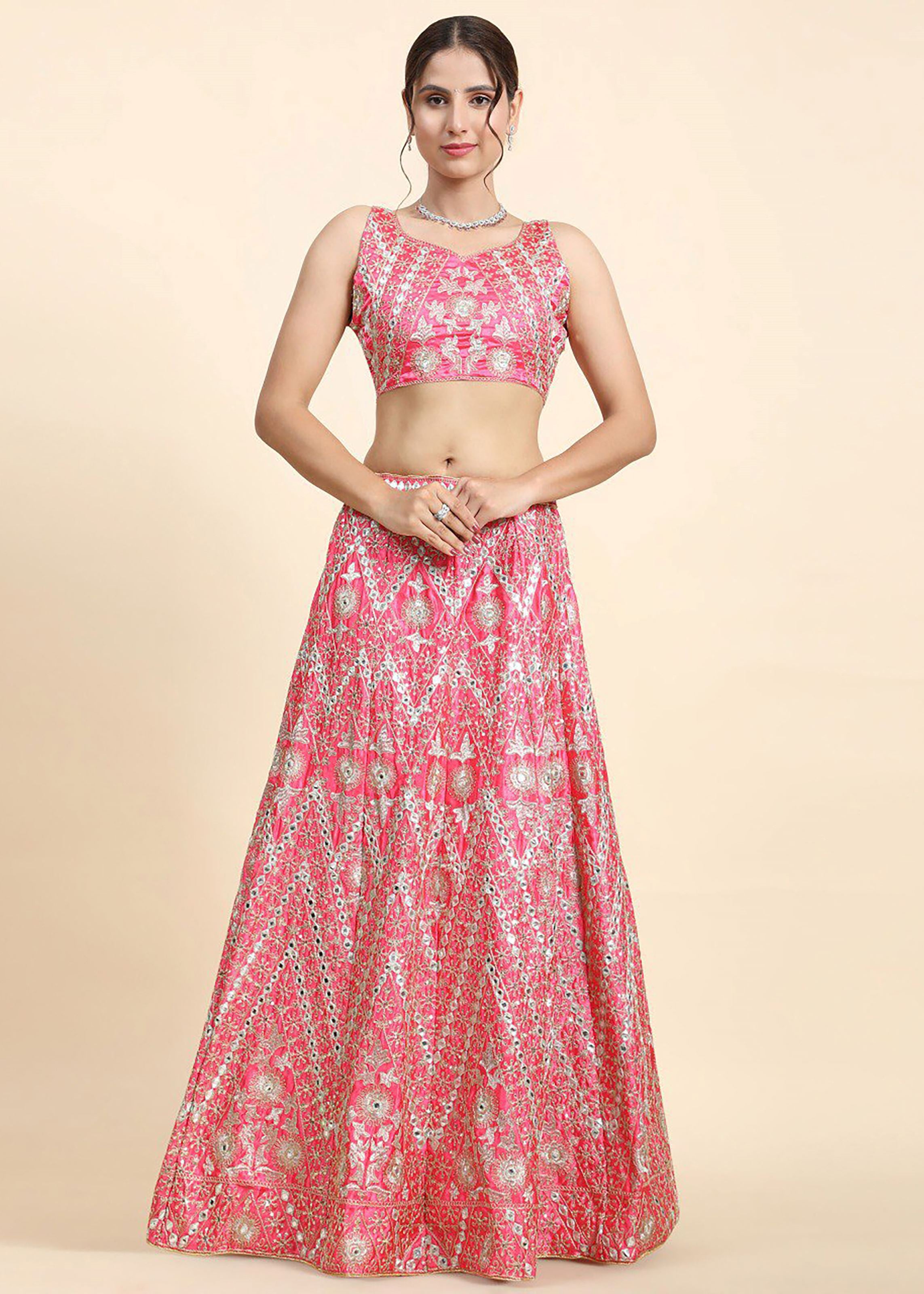 Pink Lehenga Choli With Sequins,Jari And Dori With Paper Mirror Embroidery Work