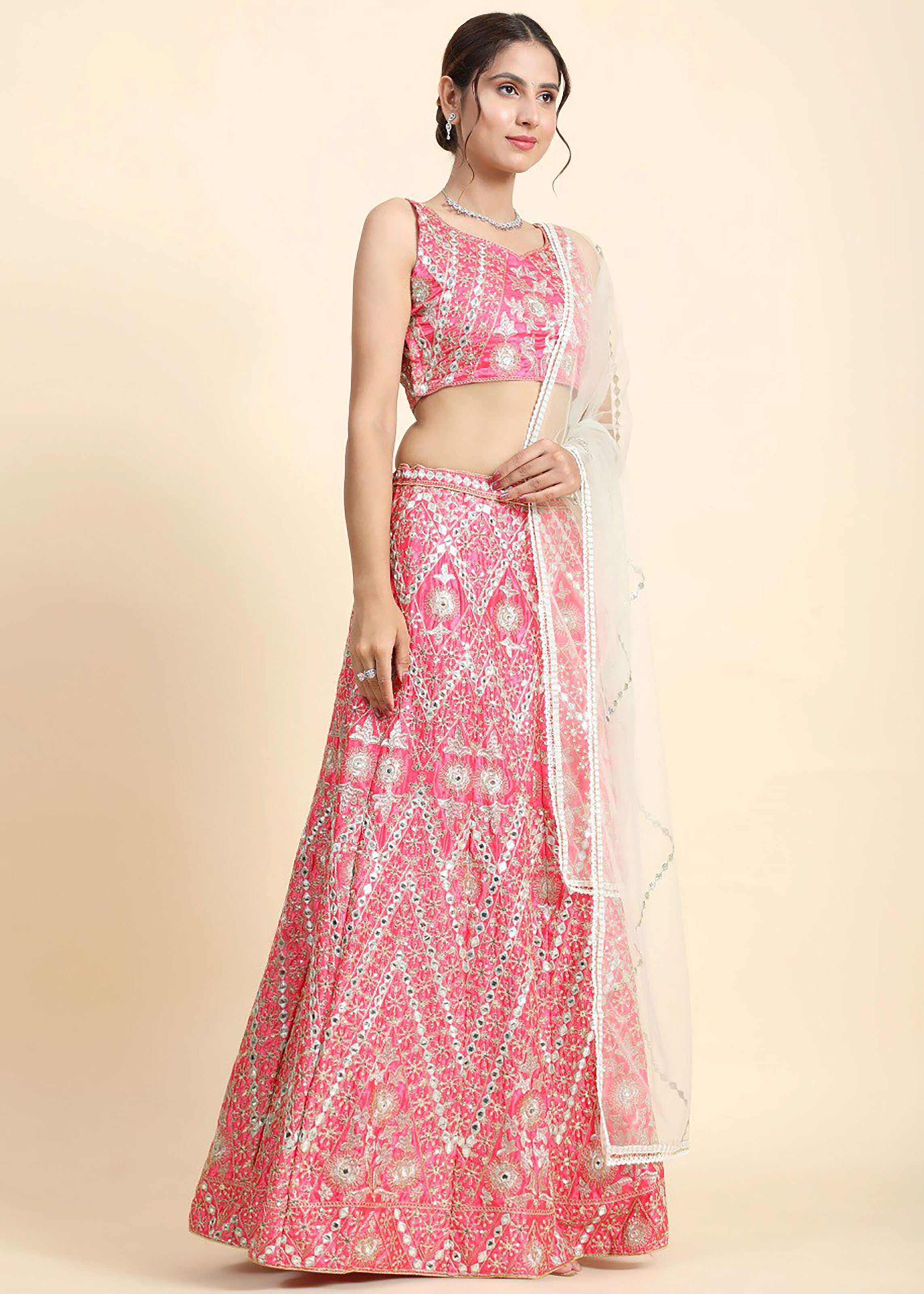 Pink Lehenga Choli With Sequins,Jari And Dori With Paper Mirror Embroidery Work