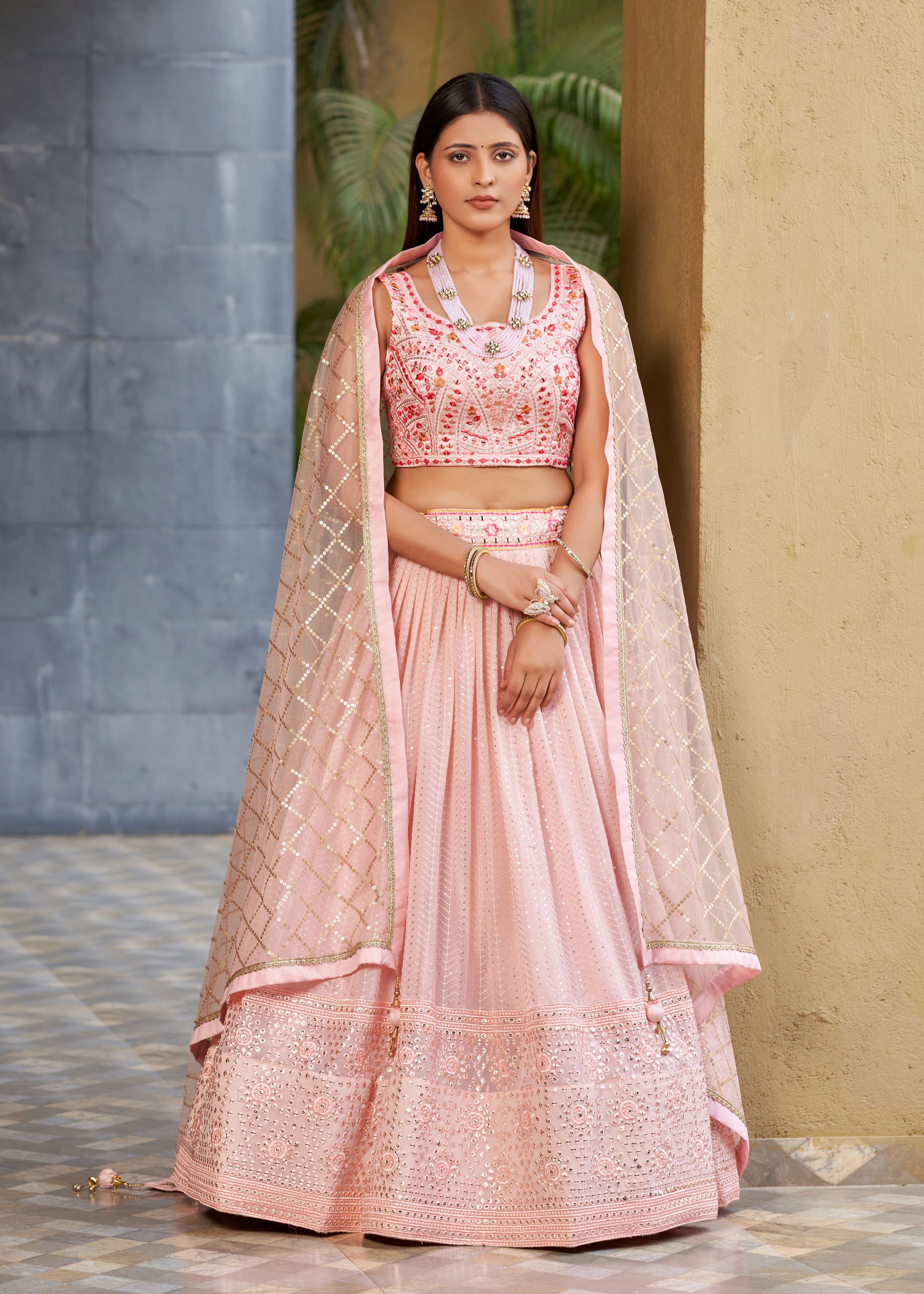 Pink Lehenga Choli With Sequins, Zari, And Multi Color Thread Embroidery With Real Mirror Work