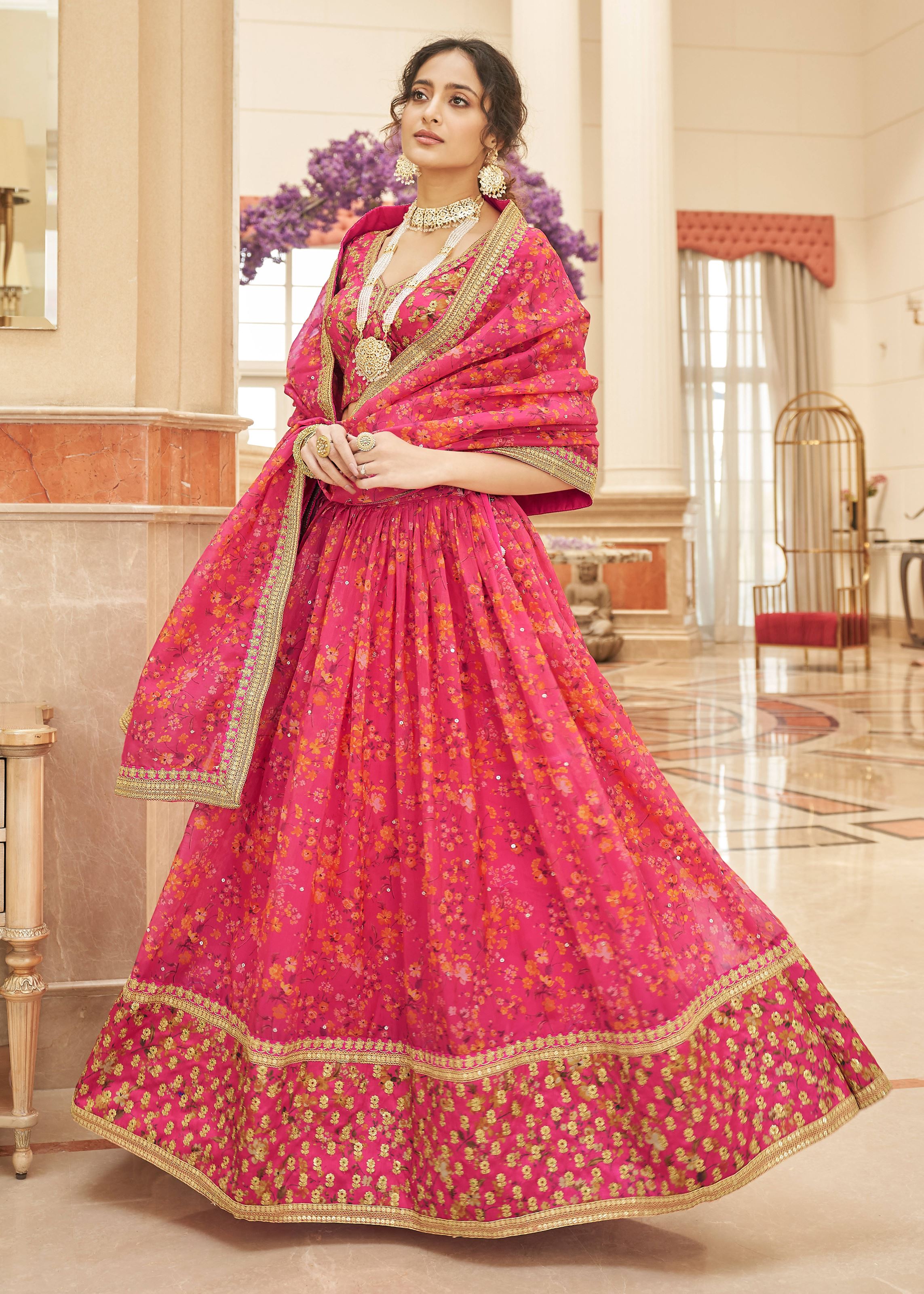 Pink Lehenga Choli With Thread, Zari, Dori And Sequins Embroidery Work