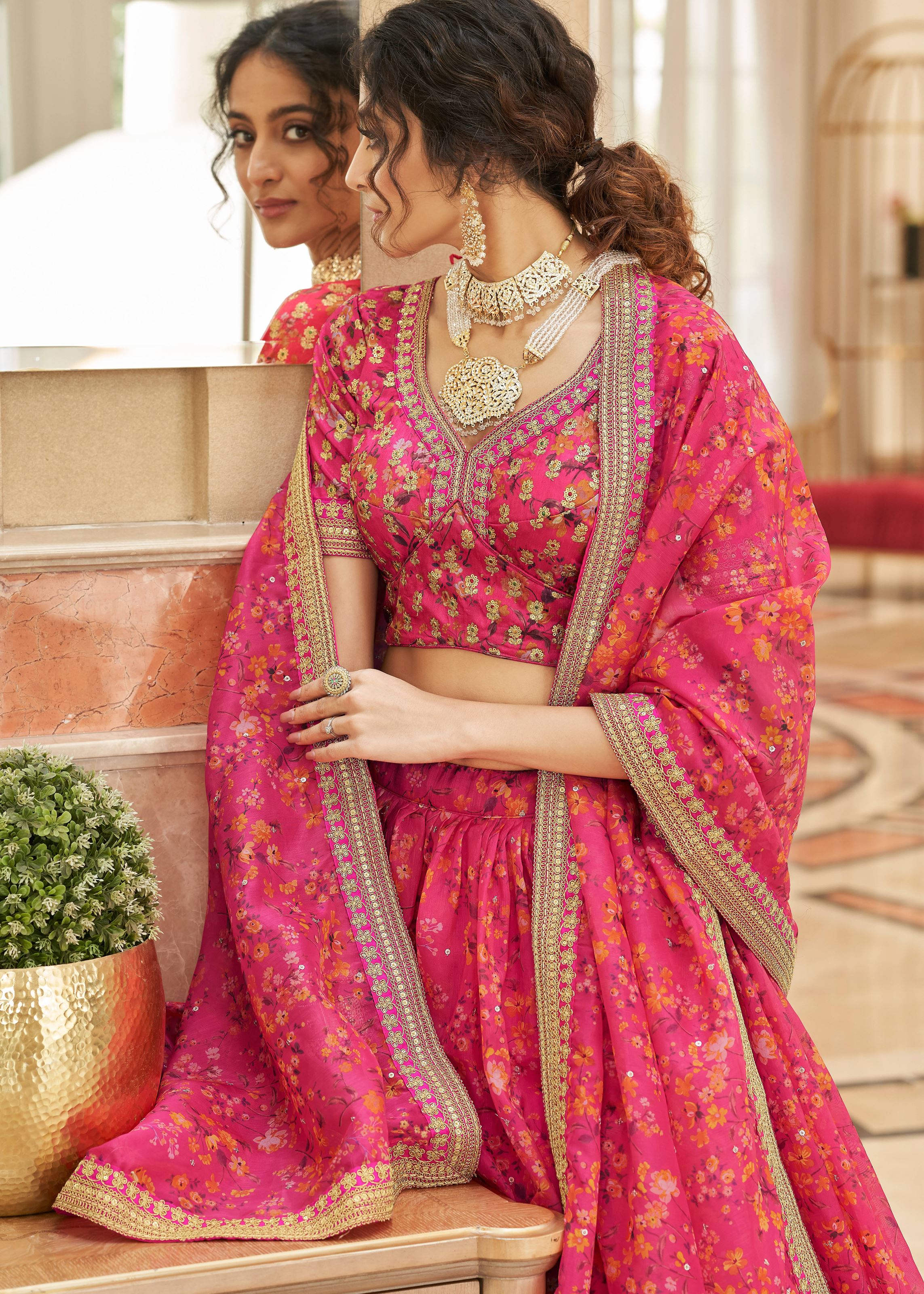 Pink Lehenga Choli With Thread, Zari, Dori And Sequins Embroidery Work