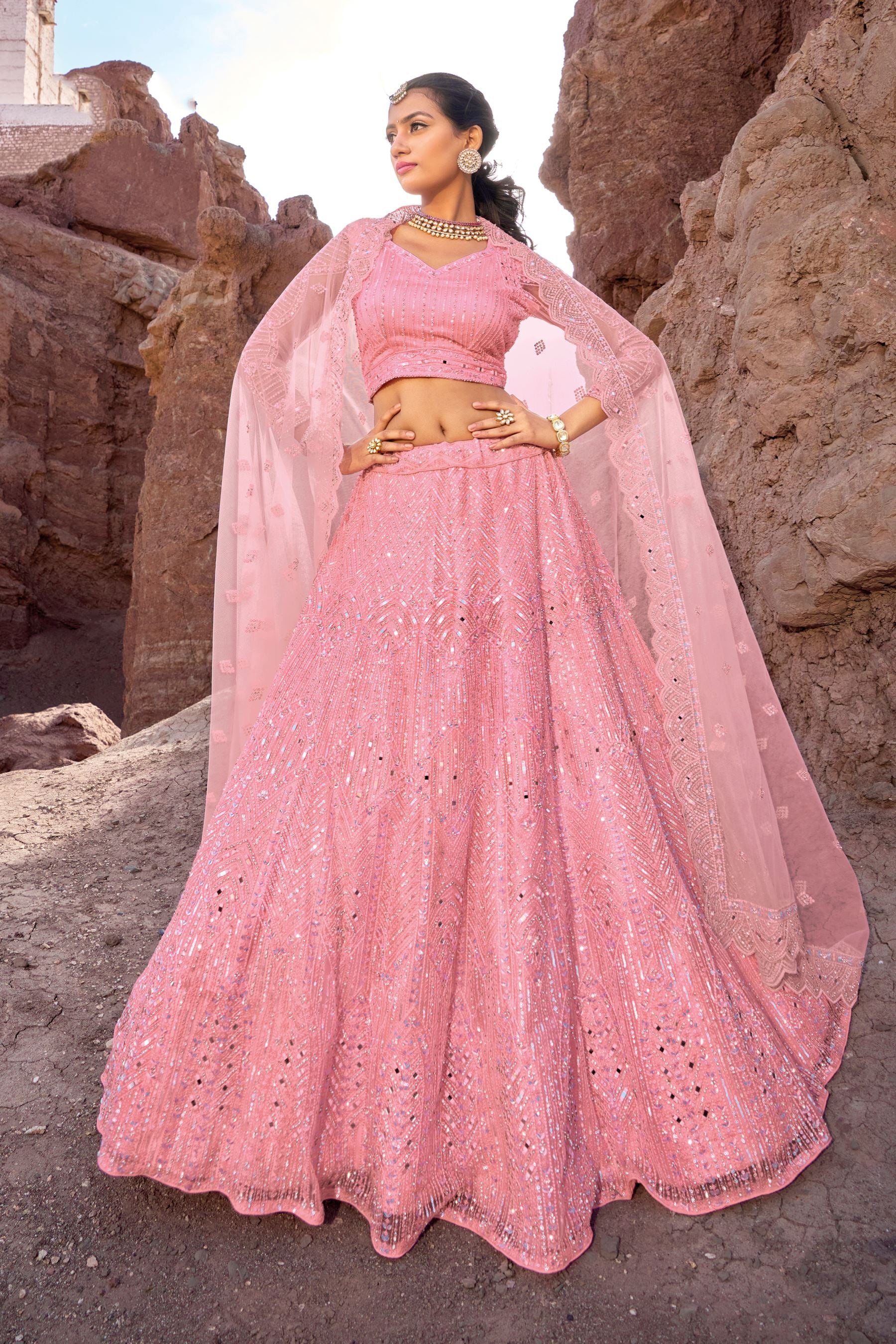 Pink Lehenga Choli with Embroidery with Cut Work, Mirror Work and Zarkan Work
