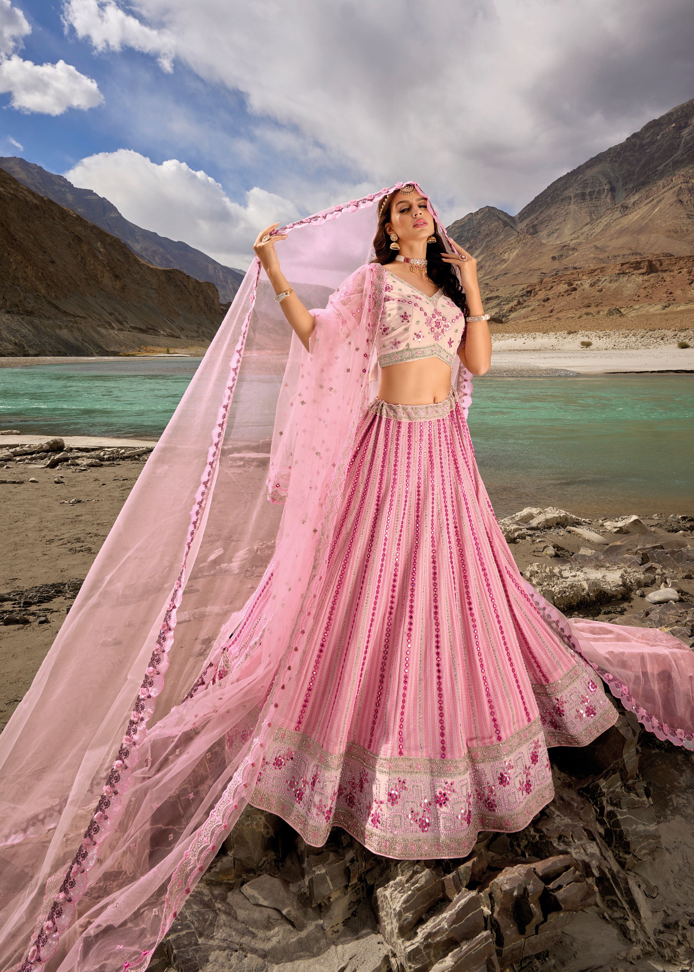 Pink Lehenga Choli with Embroidery with Cut Work, Mirror Work and Zarkan Work