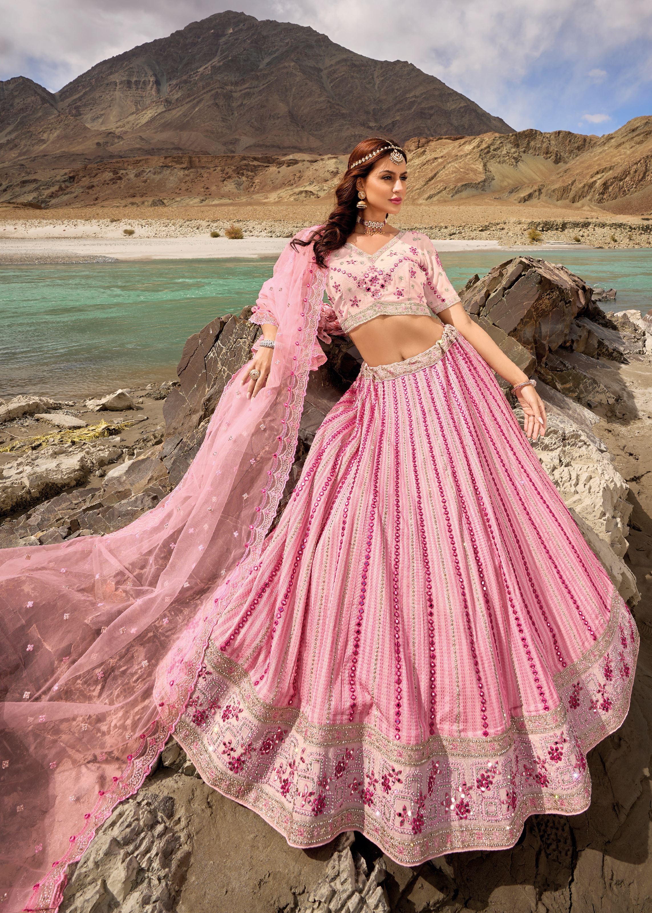Pink Lehenga Choli with Embroidery with Cut Work, Mirror Work and Zarkan Work