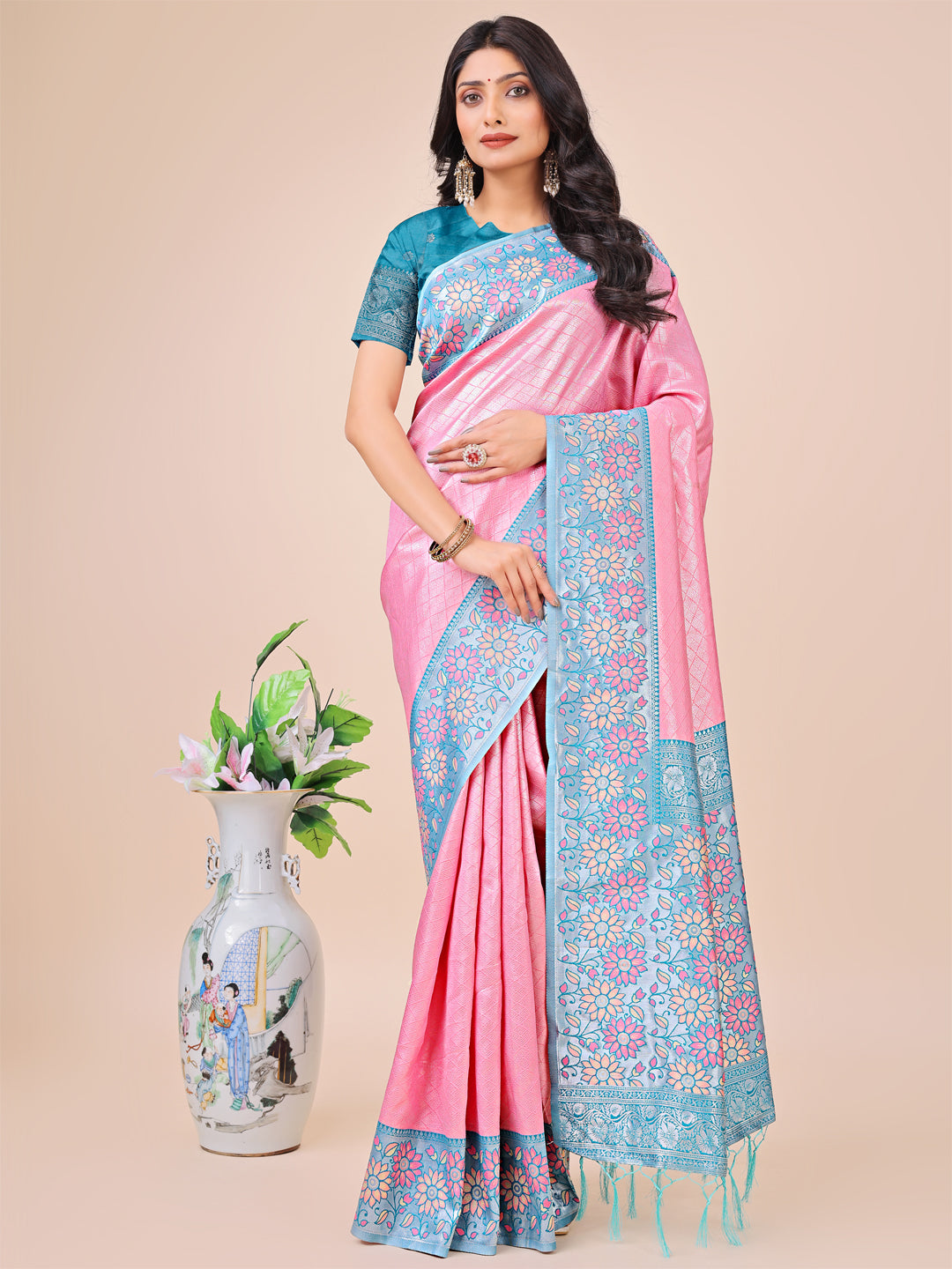 Pink Lichi Silk Woven Designer Partywear Saree