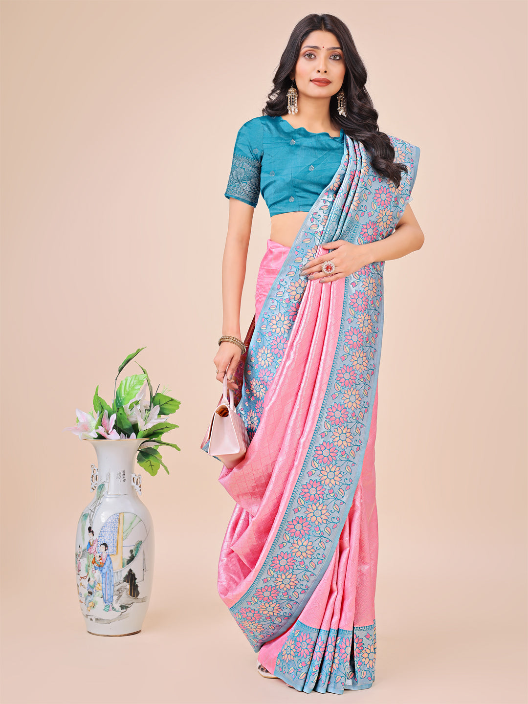 Pink Lichi Silk Woven Designer Partywear Saree