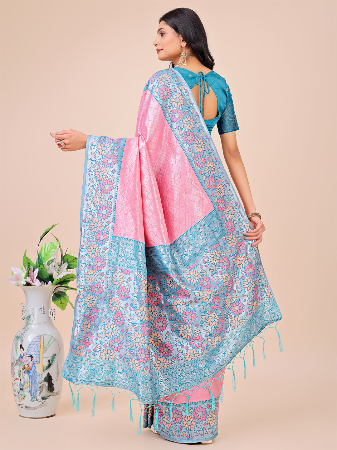 Pink Lichi Silk Woven Designer Partywear Saree