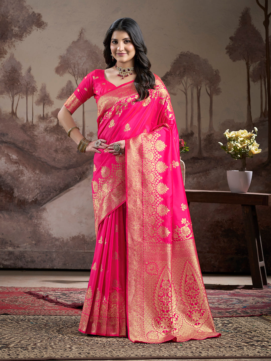 Pink Lichi Silk Woven Rich Pallu Designer Heavy Partywear Saree