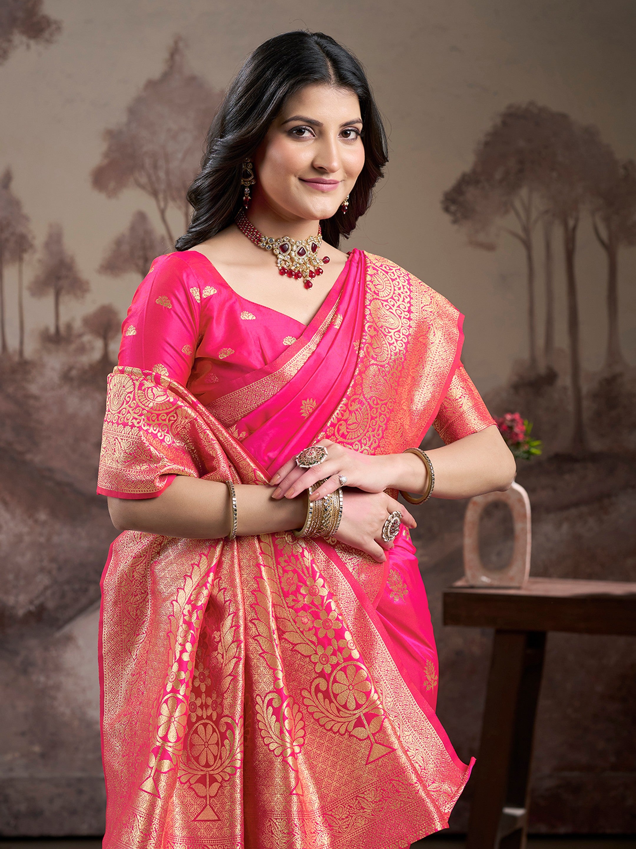 Pink Lichi Silk Woven Rich Pallu Designer Heavy Partywear Saree