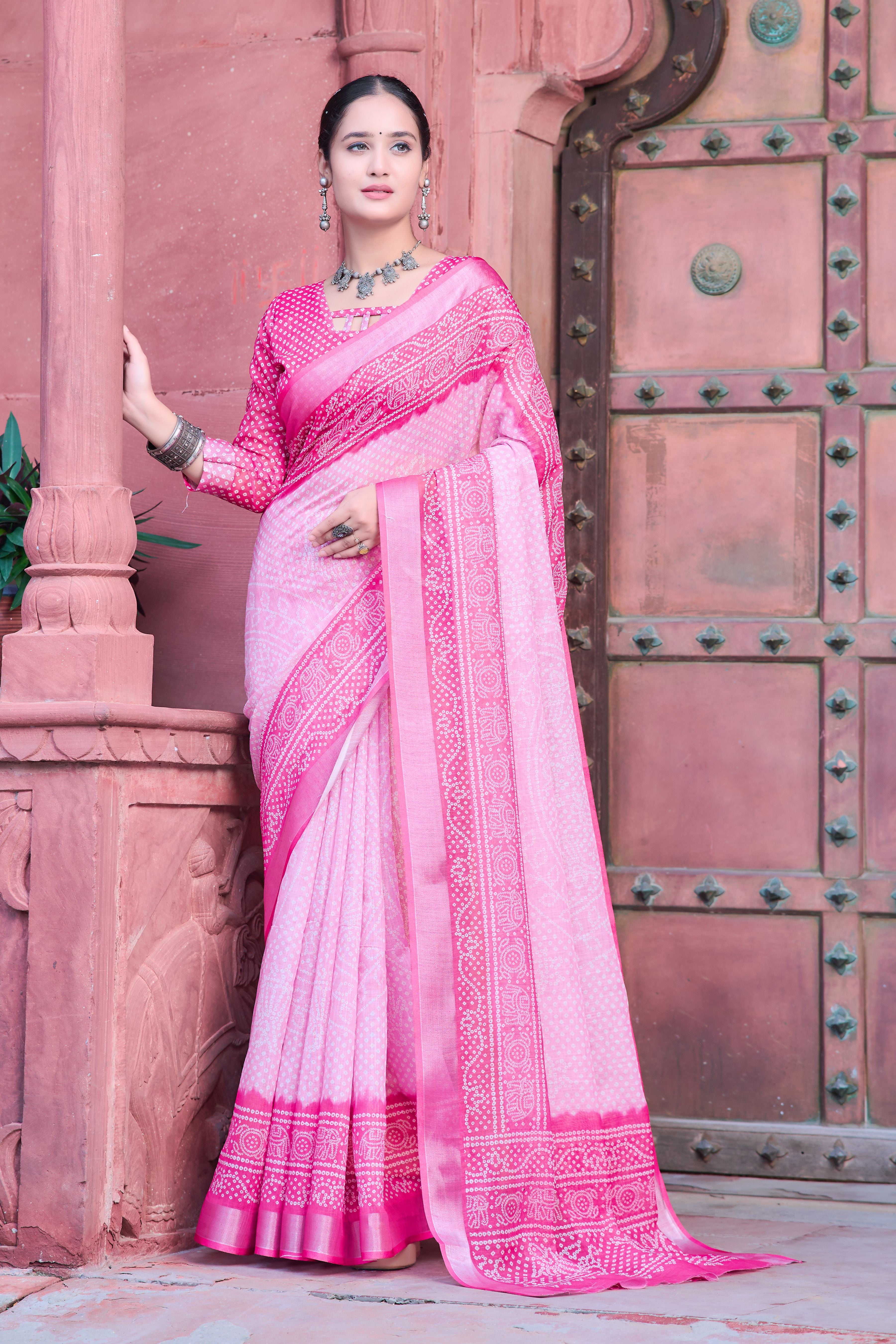 Pink Linen Cotton Designer Printed Ethnic Festive Saree
