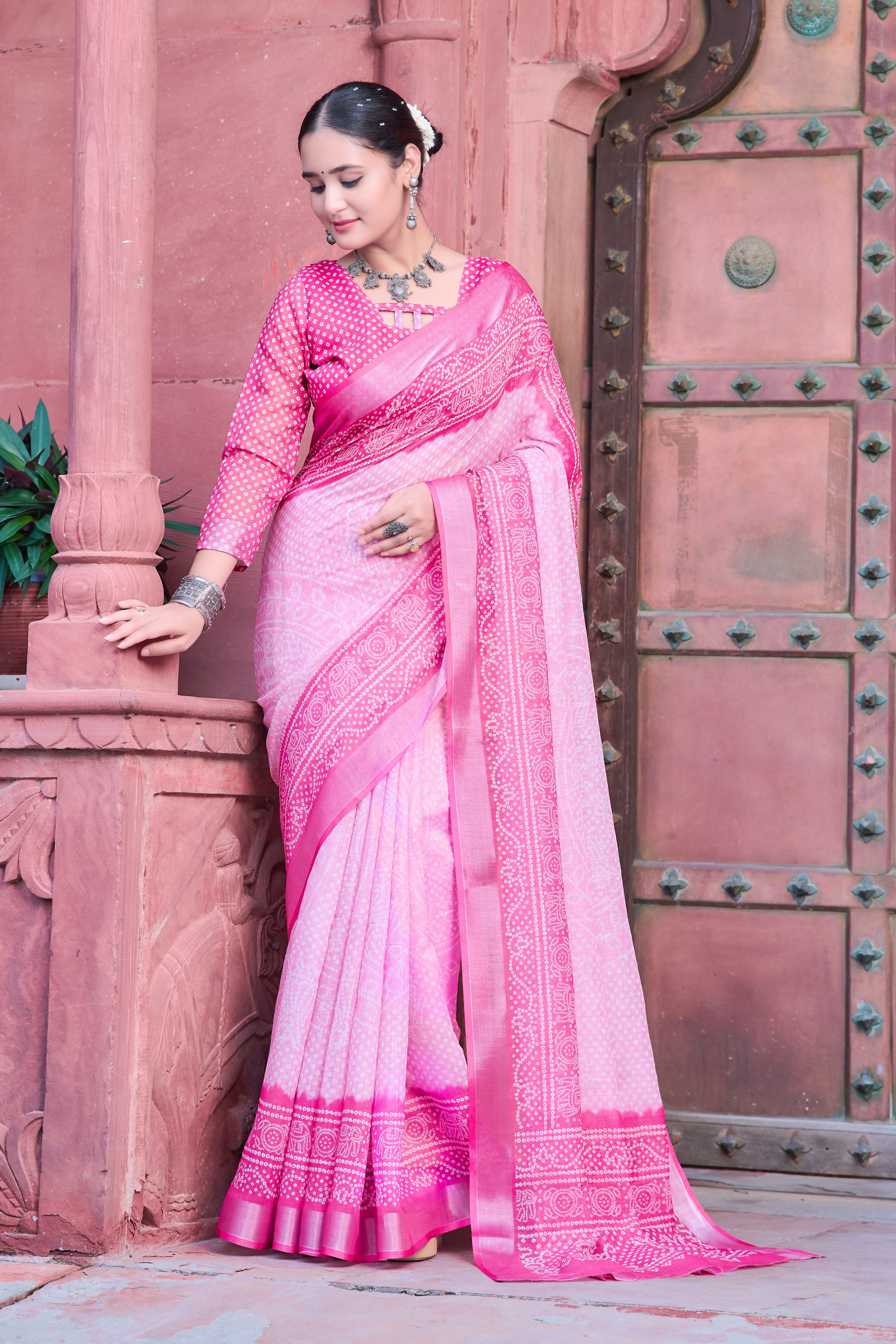 Pink Linen Cotton Designer Printed Ethnic Festive Saree